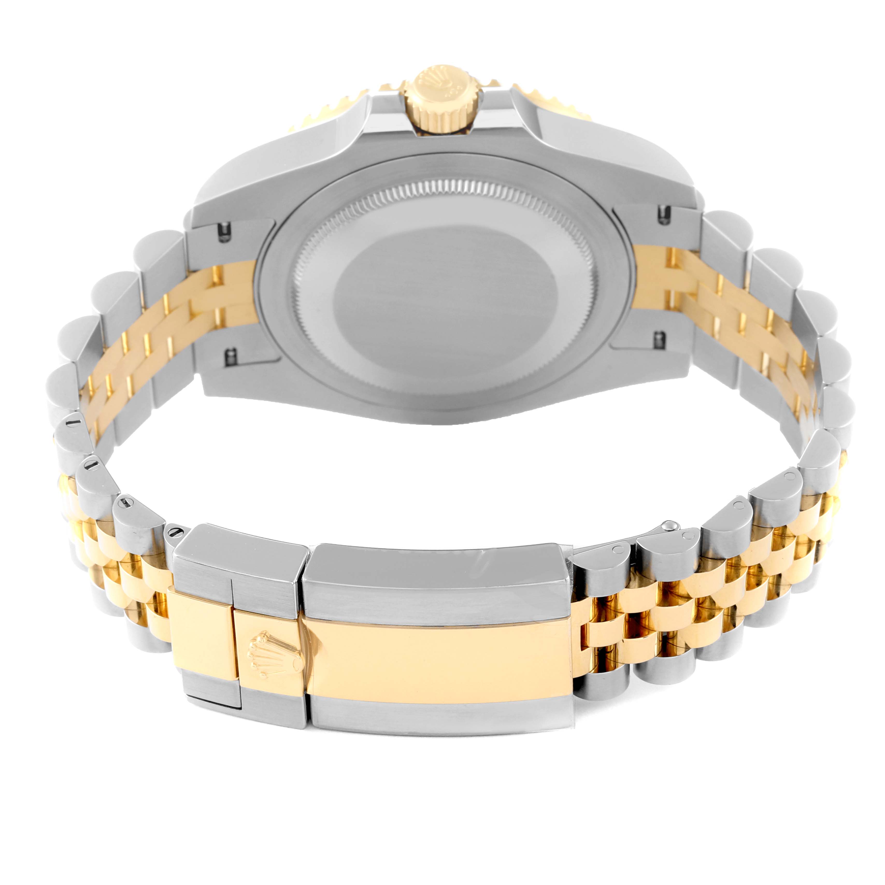 The image shows the back view of a Rolex GMT-Master 126713GRNR Men's Steel and Gold (two tone) Black Dial 126713GRNR Men's Steel and Gold (two tone) Black Dial watch, highlighting its two-tone bracelet and clasp.