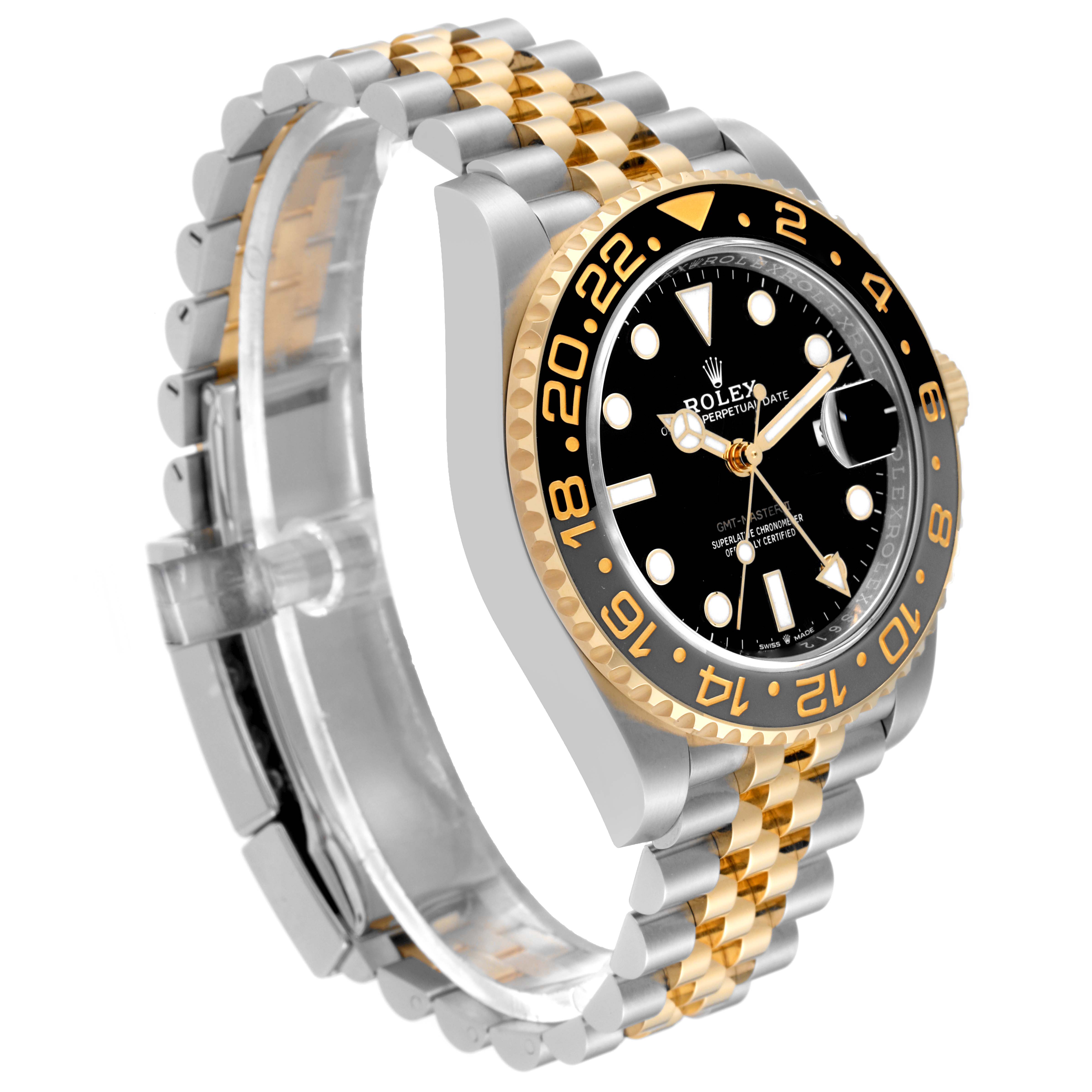 This image shows a Rolex GMT-Master 126713GRNR Men's Steel and Gold (two tone) Black Dial 126713GRNR Men's Steel and Gold (two tone) Black Dial watch from an angle highlighting its black dial, dual-tone bezel, and two-tone bracelet.