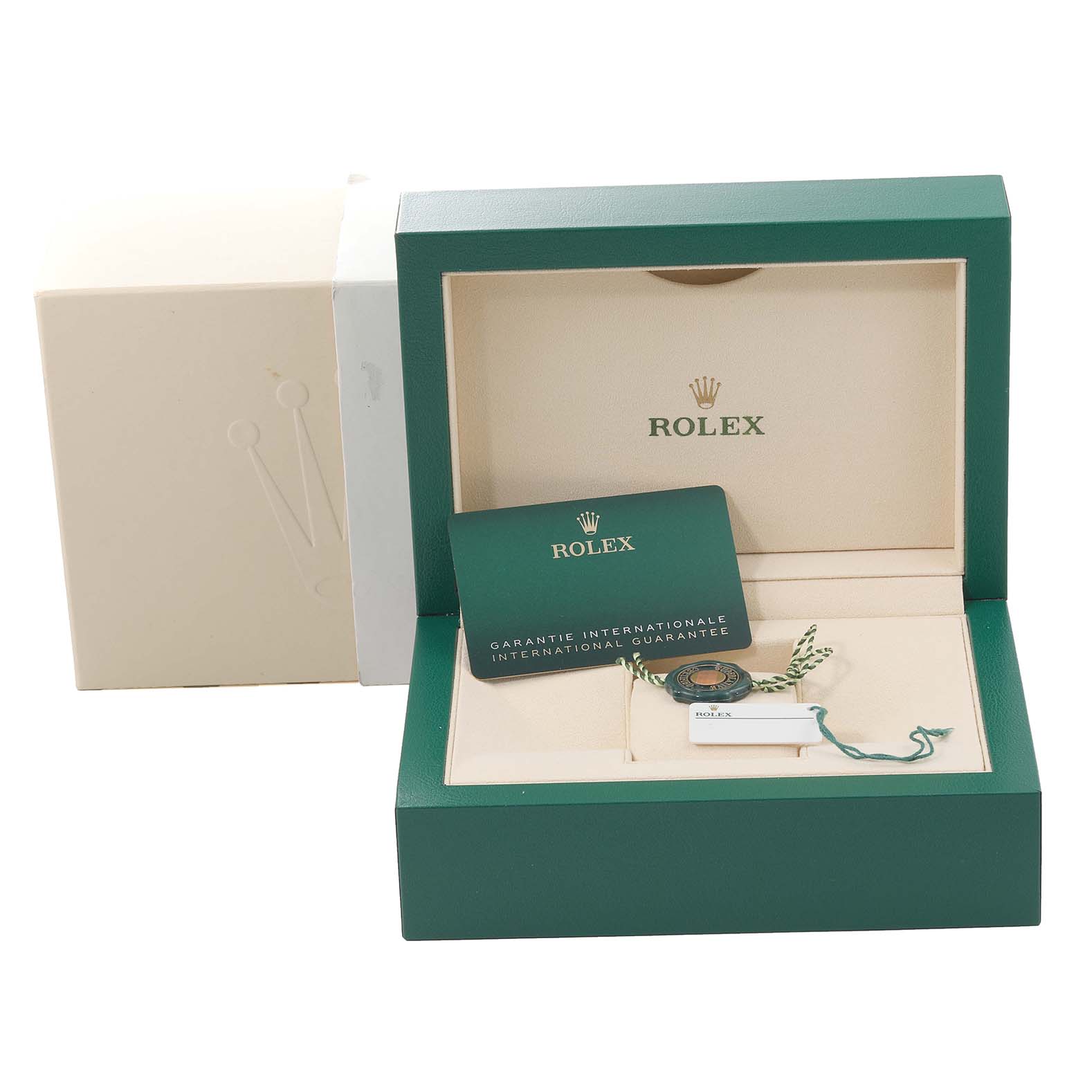 The image shows the packaging, warranty card, and accessories for a Rolex GMT-Master 126713GRNR Men's Steel and Gold (two tone) Black Dial 126713GRNR Men's Steel and Gold (two tone) Black Dial watch.