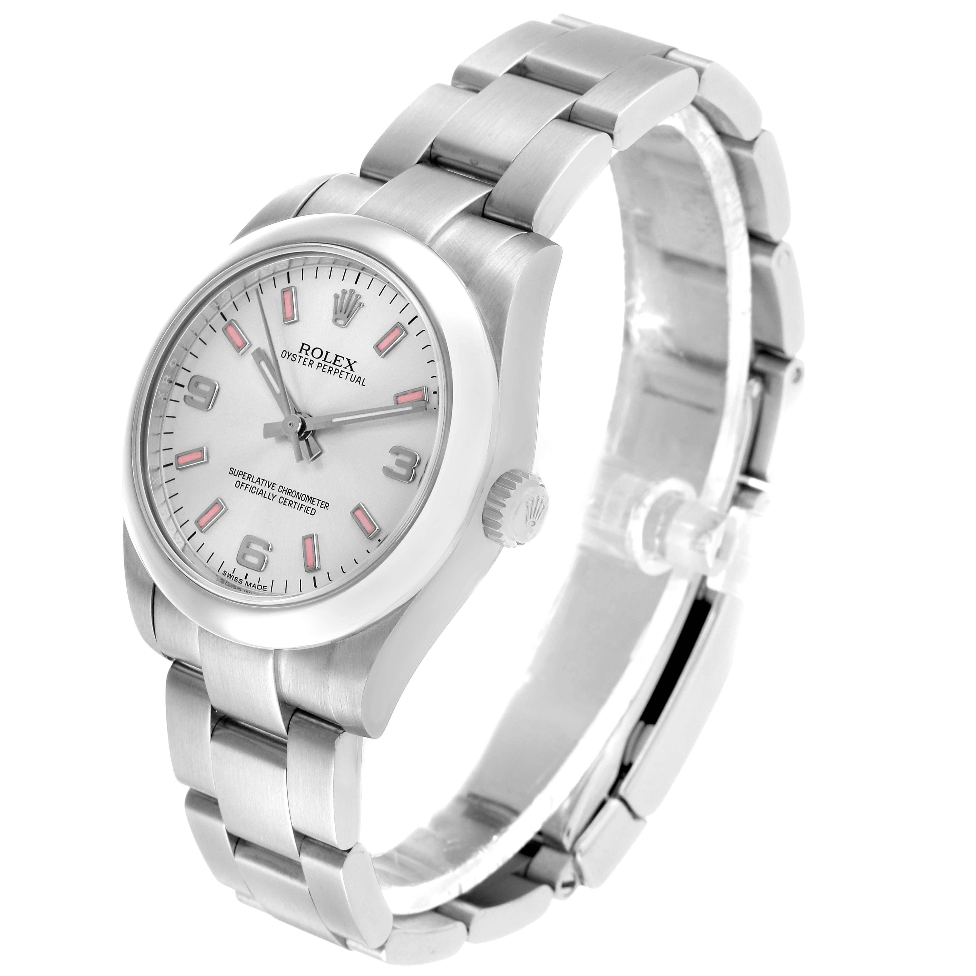 The Rolex Oyster Perpetual Mid-Size watch is shown at a three-quarter angle, highlighting the dial, bezel, bracelet, and crown.