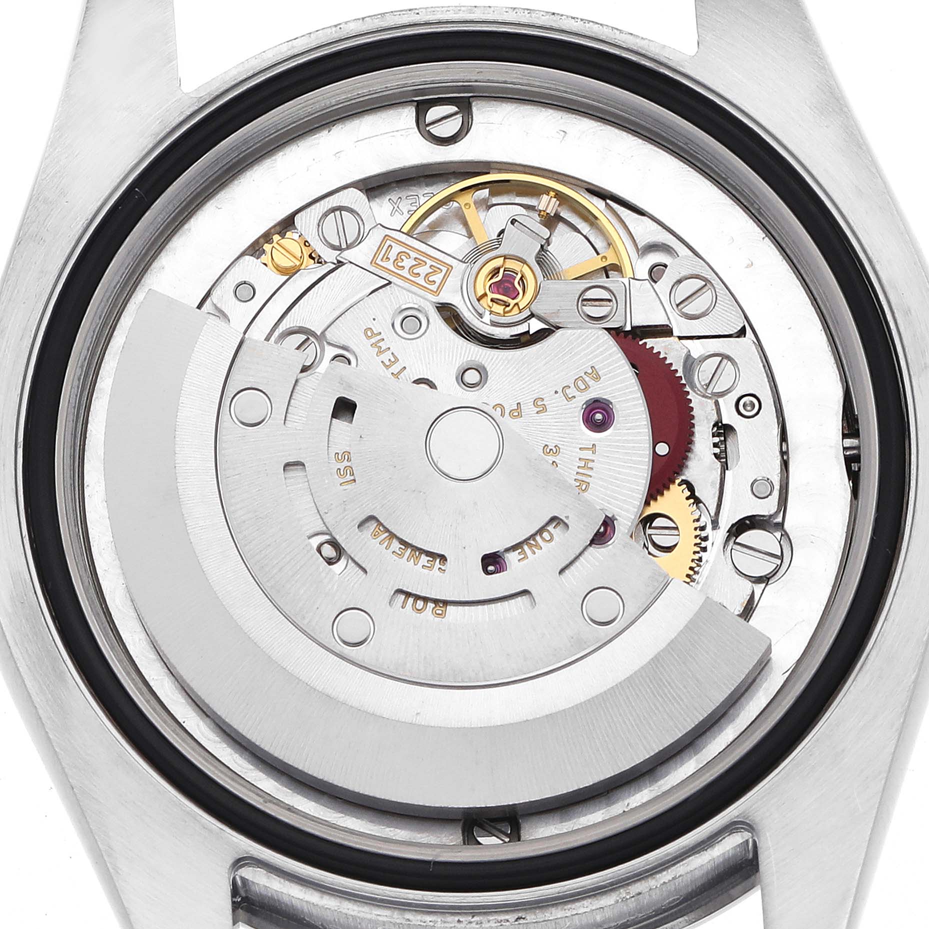 The image shows the movement and internal mechanics of a Rolex Mid-Size 177200 Women's Stainless Steel Silver Dial watch from a back angle.