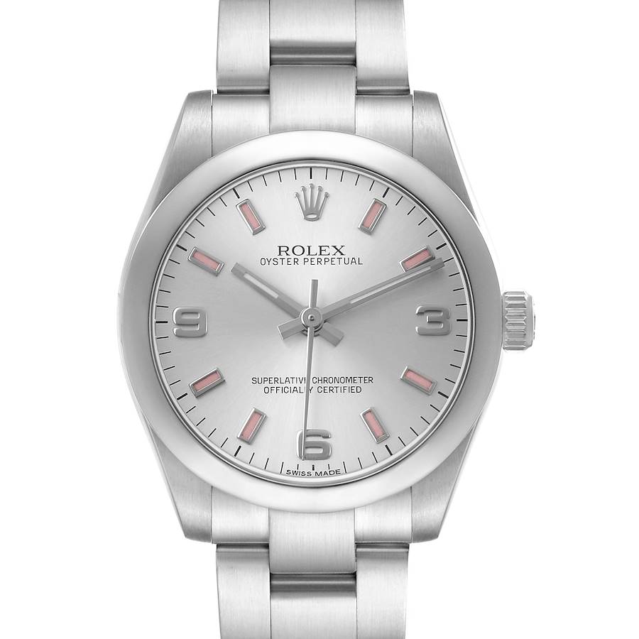 This Rolex Mid-Size 177200 Women's Stainless Steel Silver Dial watch is shown from a front angle, highlighting the dial, bezel, and part of the bracelet.