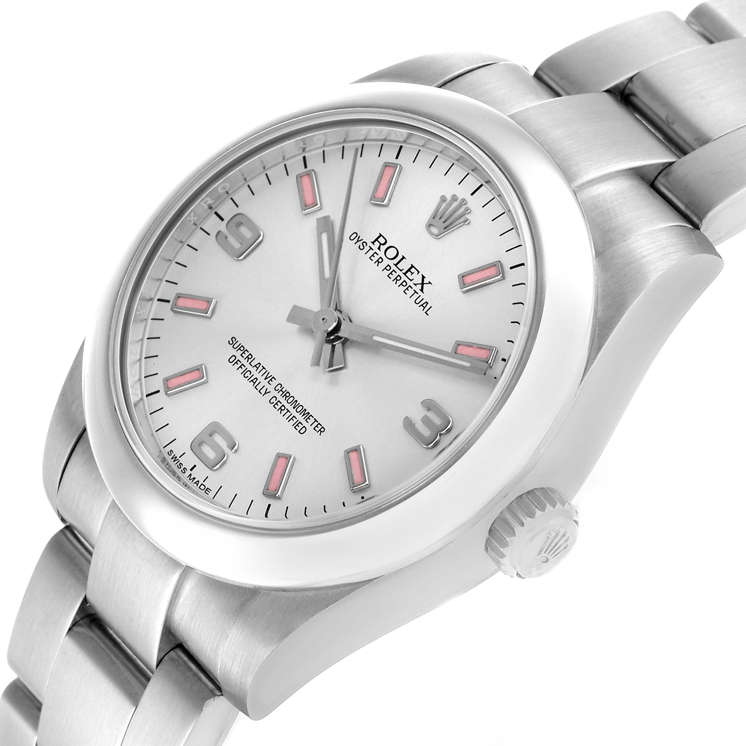 The image shows the Rolex Oyster Perpetual Mid-Size watch at an angled view, highlighting the dial, bezel, crown, and bracelet.