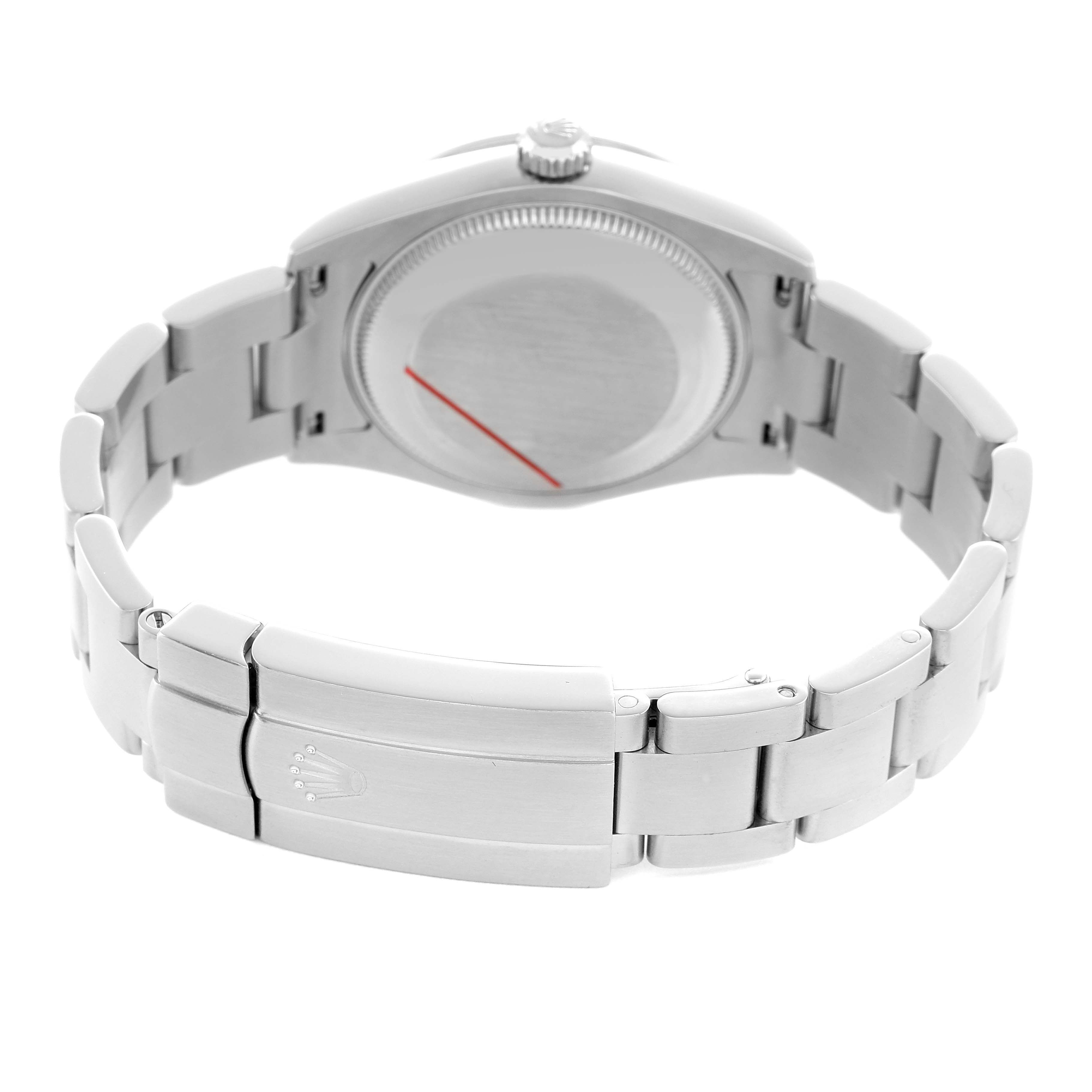 The image shows a rear view of the Rolex Mid-Size 177200 Women's Stainless Steel Silver Dial watch, highlighting the clasp and case back.