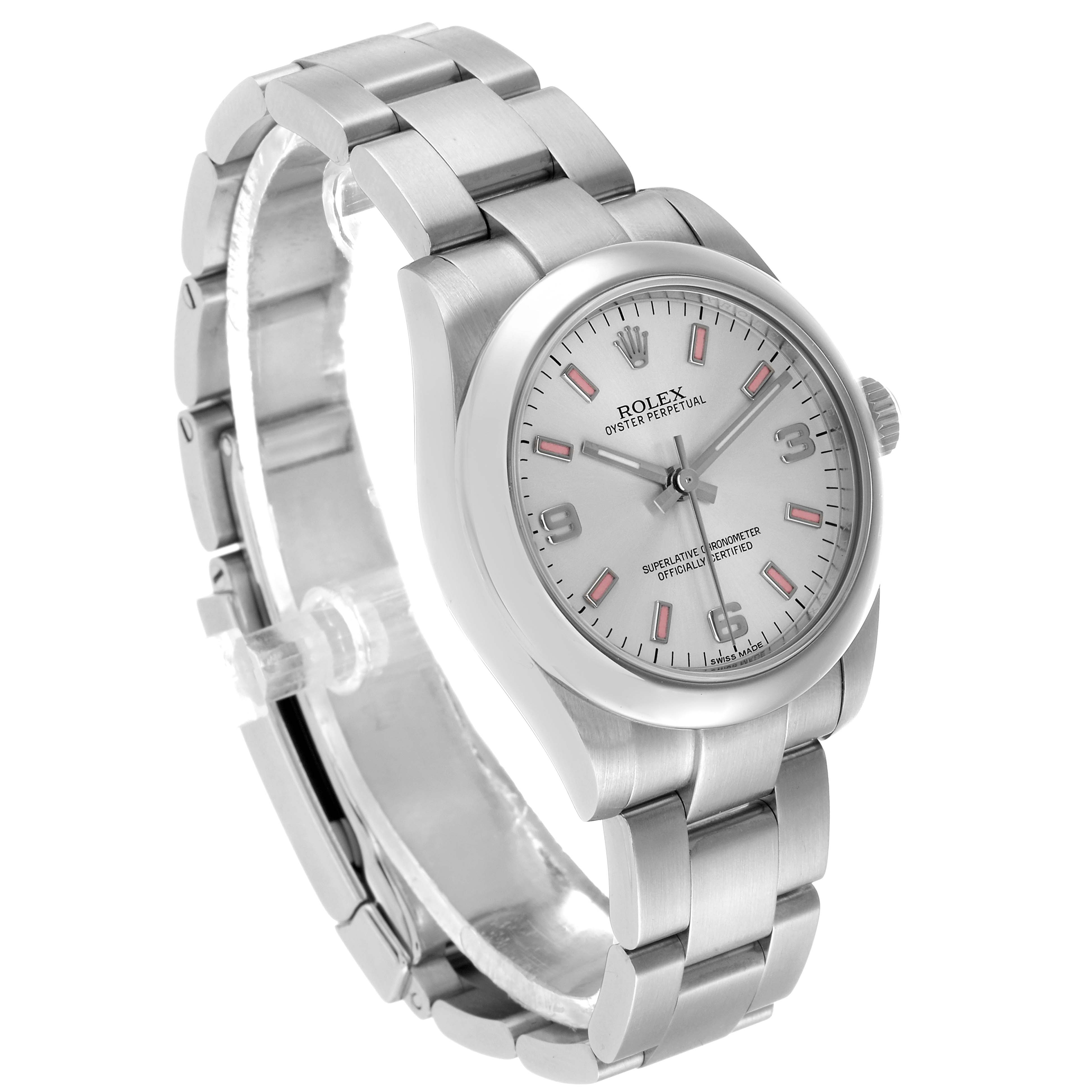 The Rolex Mid-Size 177200 Women's Stainless Steel Silver Dial watch is shown at a three-quarter angle, highlighting the face, bezel, and bracelet.