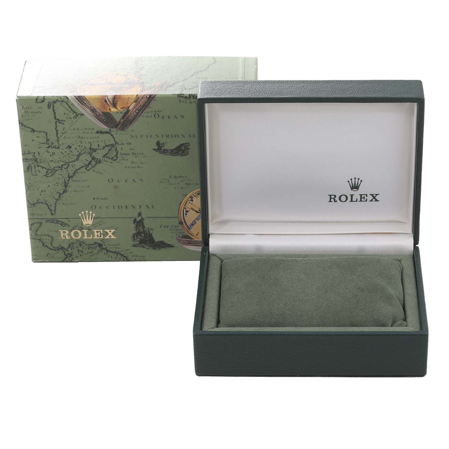 The image shows an open Rolex watch box with a cushion, and the closed outer packaging for the Mid-Size model.