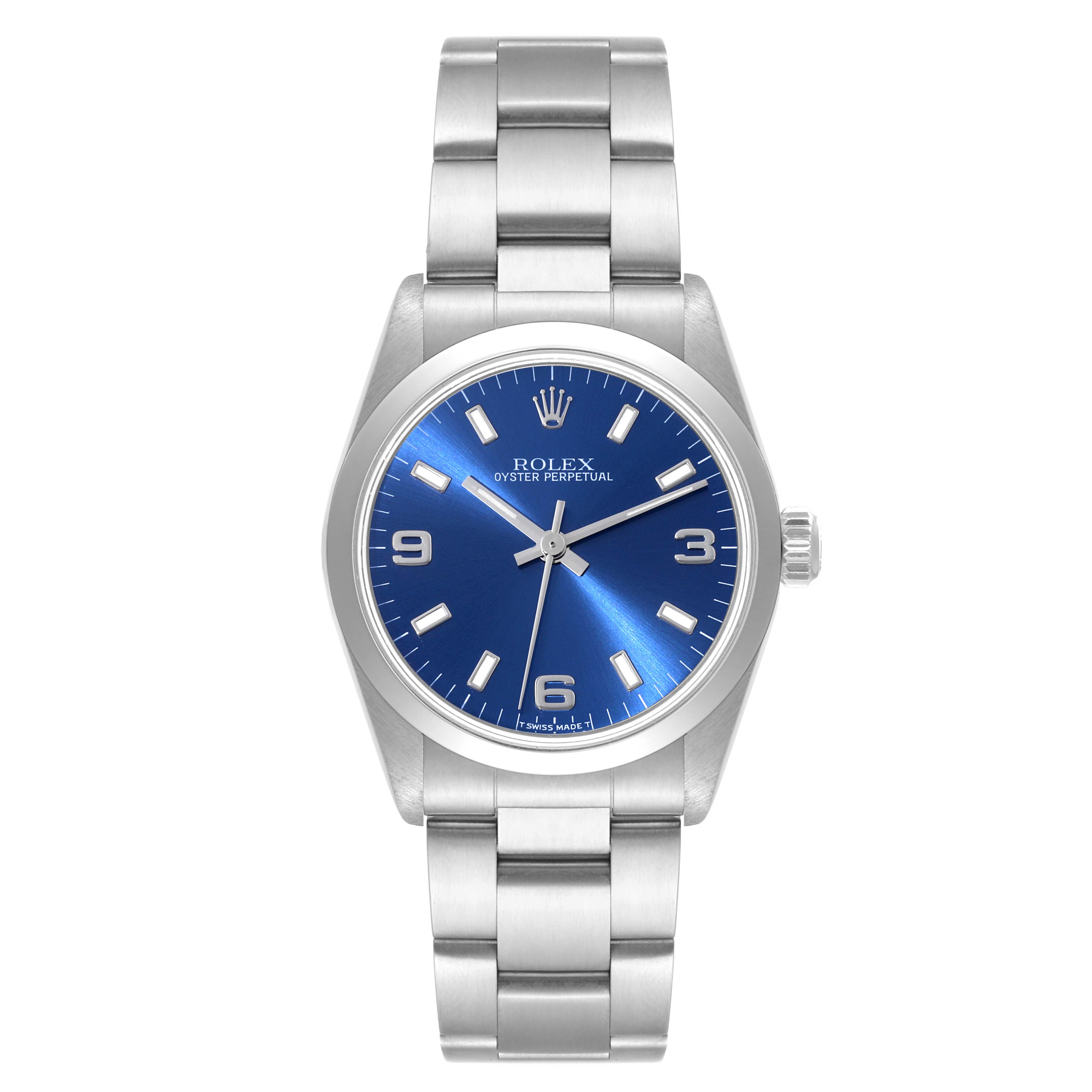 The image shows a front view of a Mid-Size Rolex Oyster Perpetual watch with a blue dial and stainless steel bracelet.
