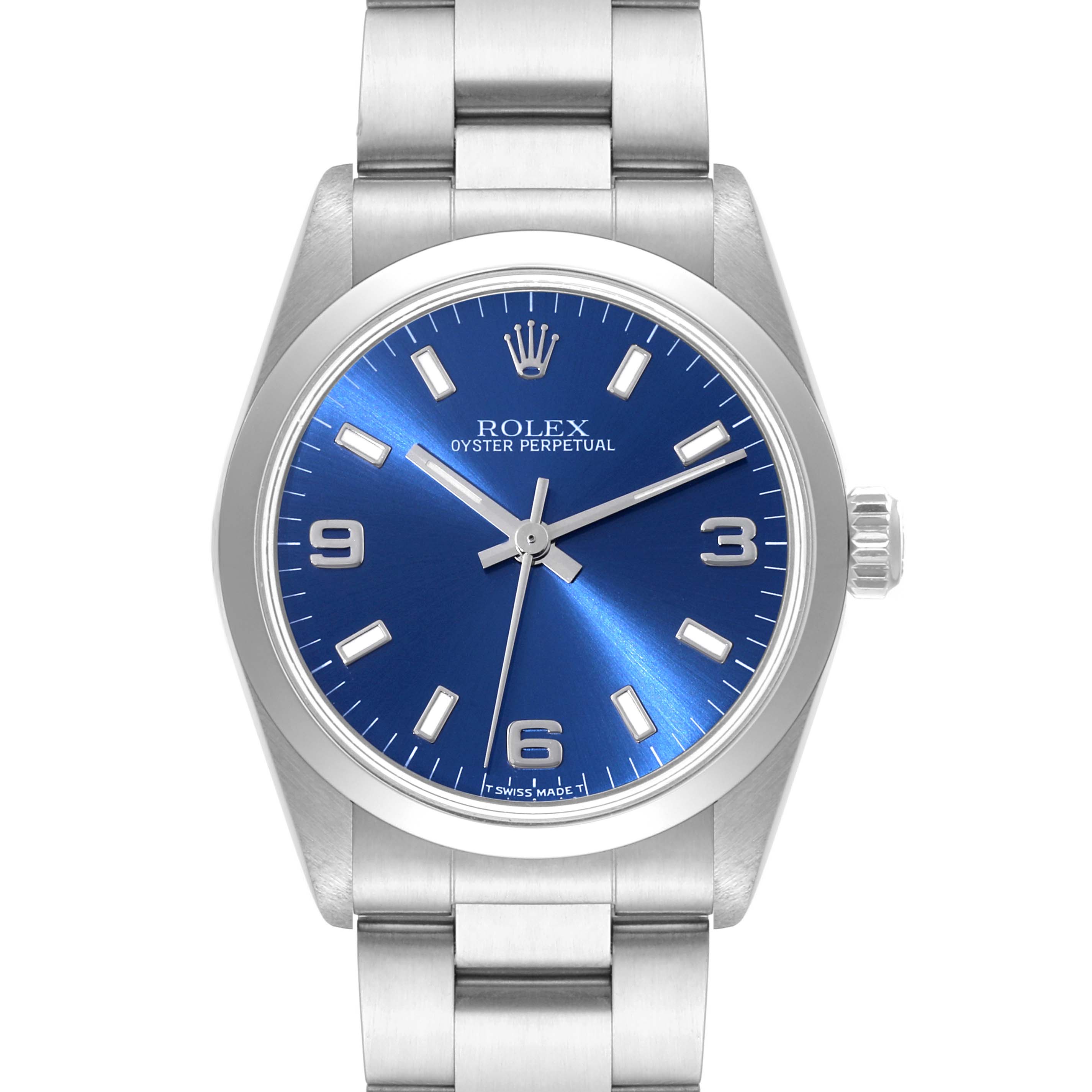 The Rolex Mid-Size 67480 Women
s Stainless Steel Blue Dial 67480 Women
s Stainless Steel Blue Dial Oyster Perpetual watch is shown from a frontal view, displaying its face, bezel, and bracelet.