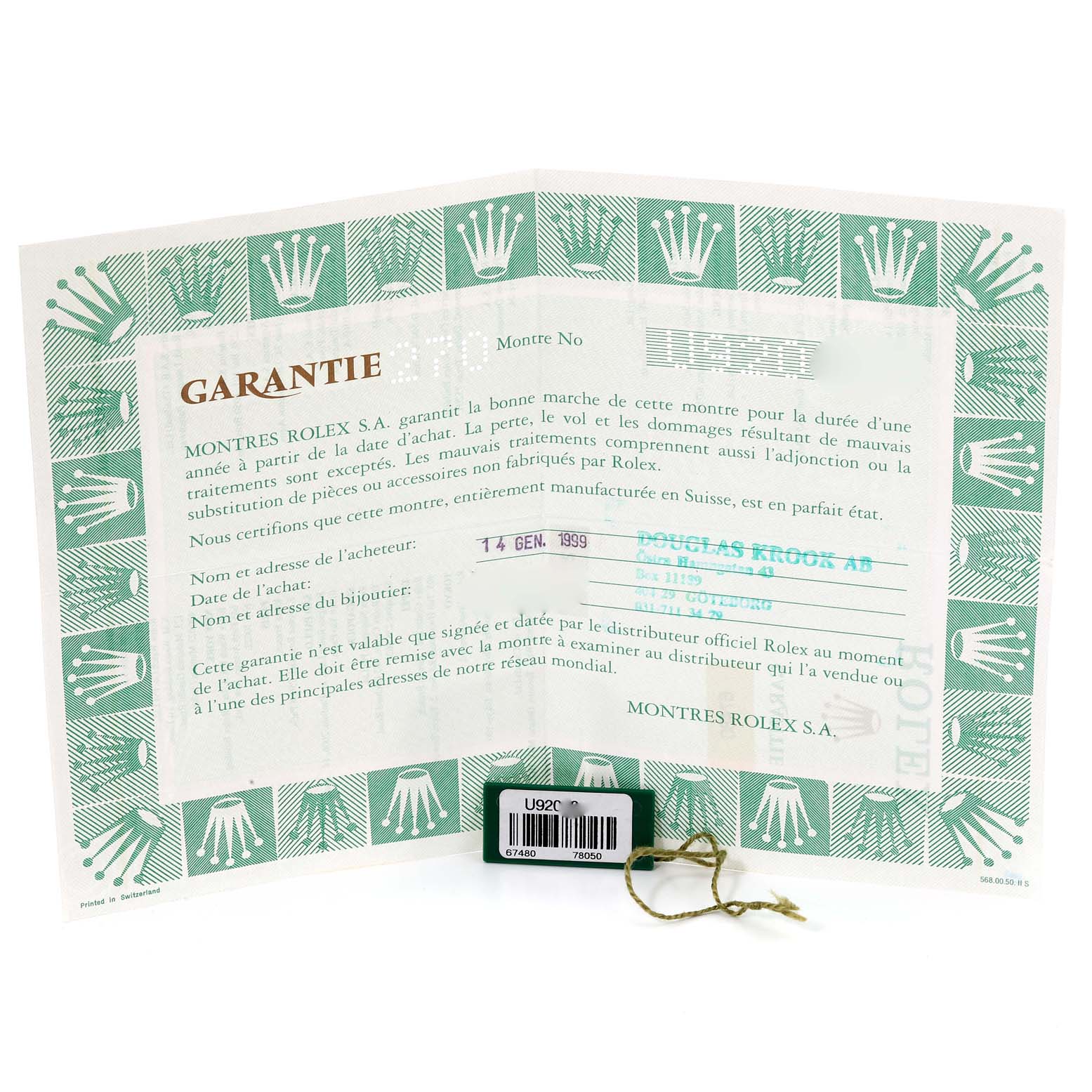 The image shows a warranty certificate and tag for a Mid-Size Rolex watch.