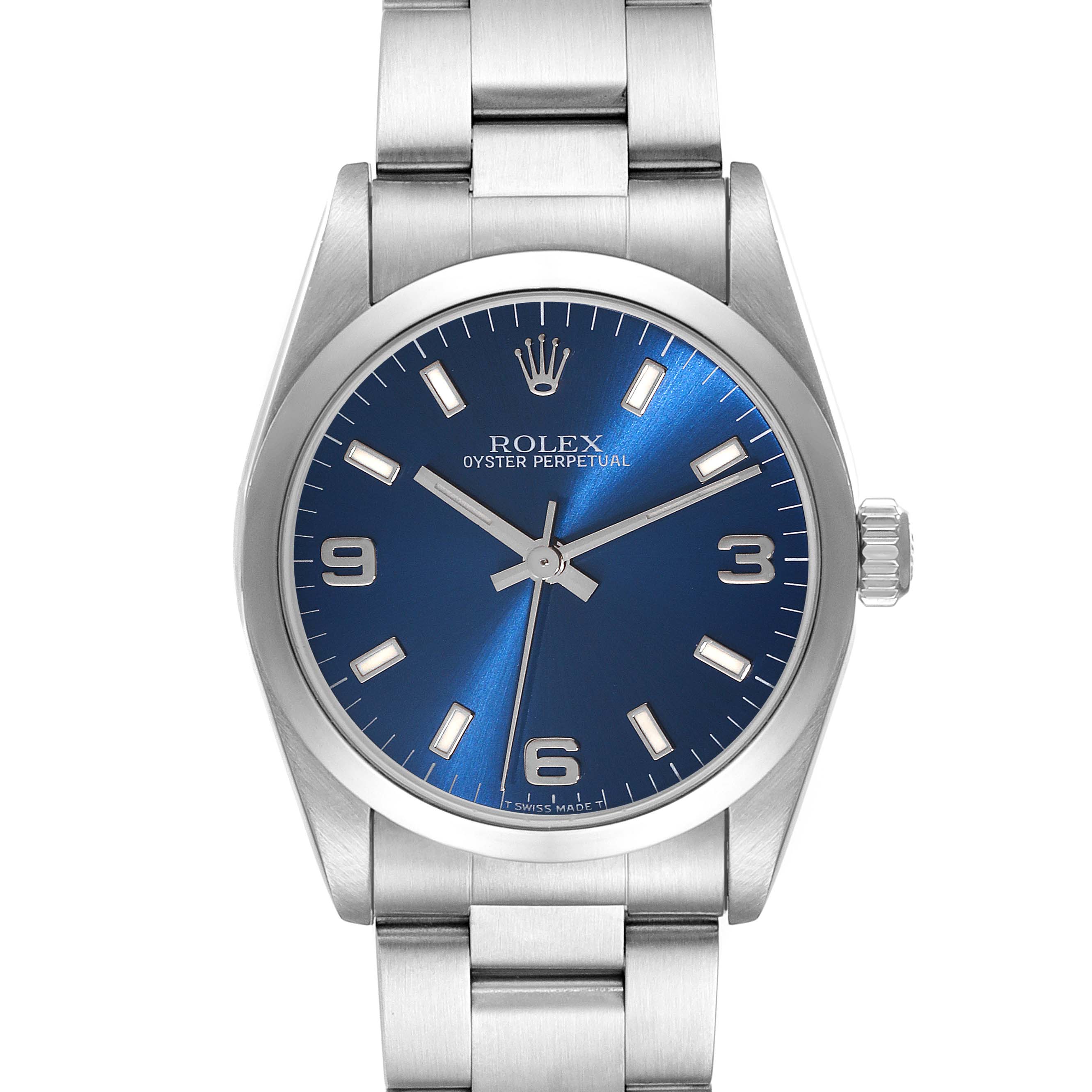 This is a front view of a mid-size Rolex Oyster Perpetual watch, showing the dial, crown, and bracelet.