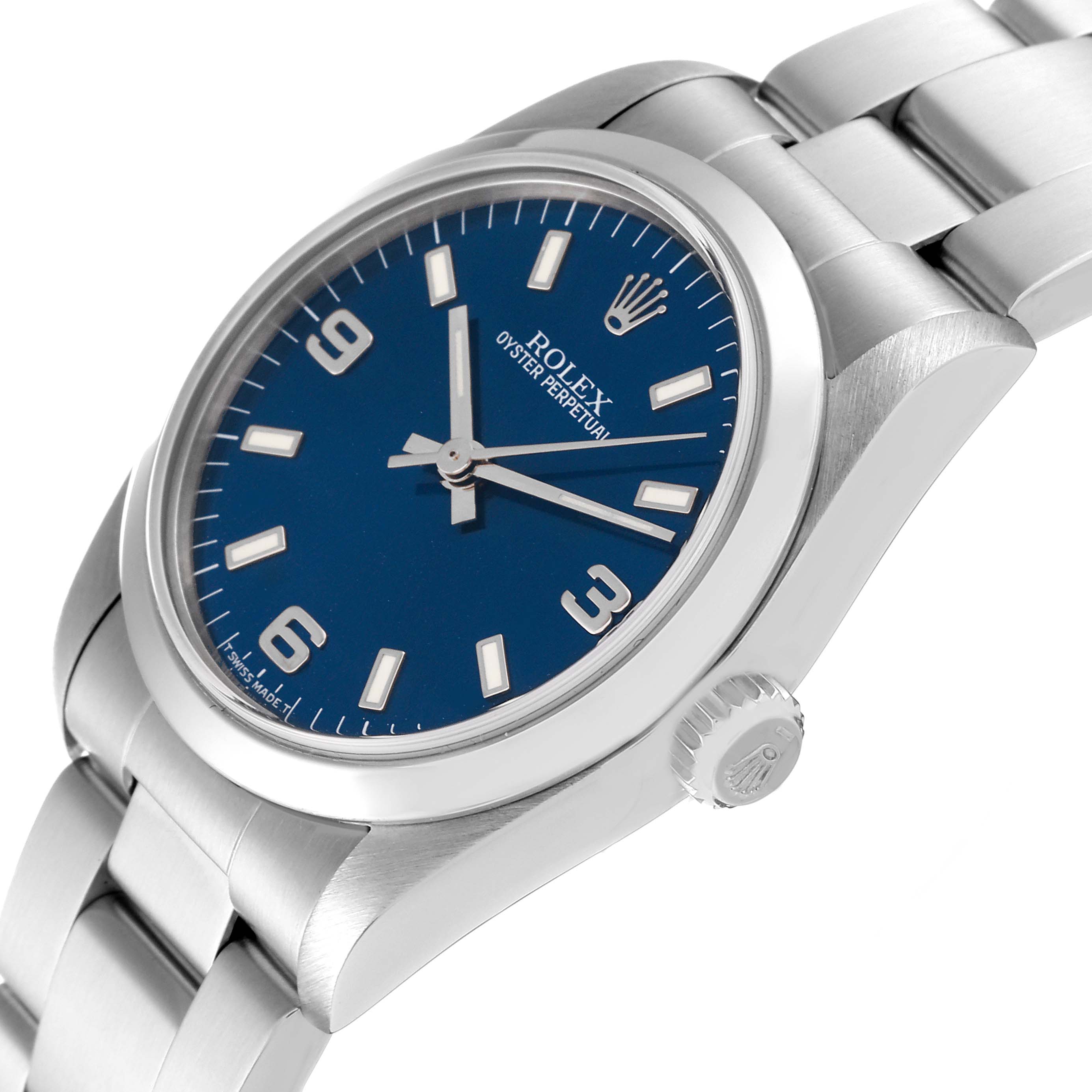The Rolex Mid-Size 67480 Women
s Stainless Steel Blue Dial 67480 Women
s Stainless Steel Blue Dial model is shown from an angled side view, displaying the watch face, bezel, case, crown, and part of the bracelet.