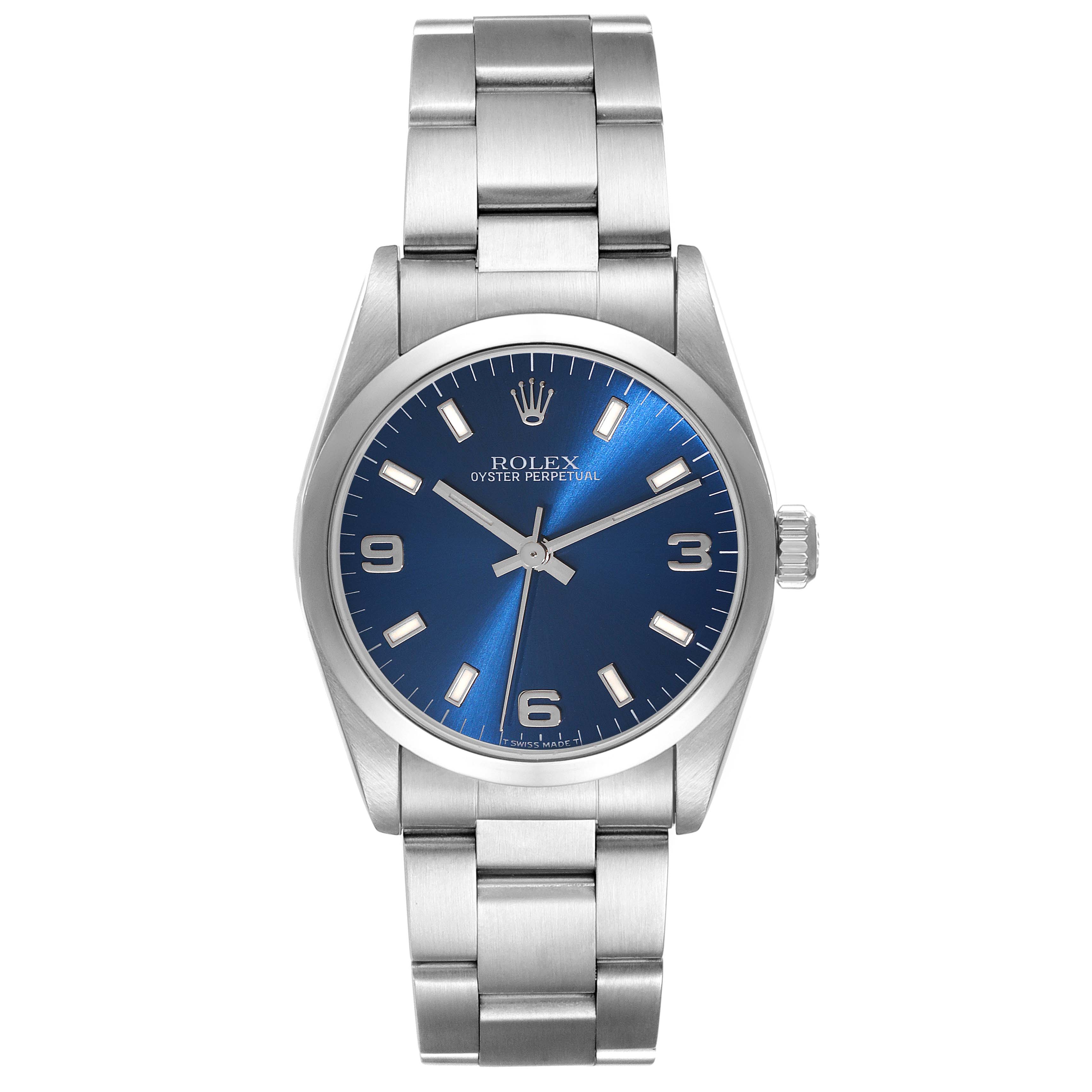The Rolex Mid-Size 67480 Women
s Stainless Steel Blue Dial 67480 Women
s Stainless Steel Blue Dial watch is shown from a top-down angle, displaying the face, bezel, crown, and bracelet.