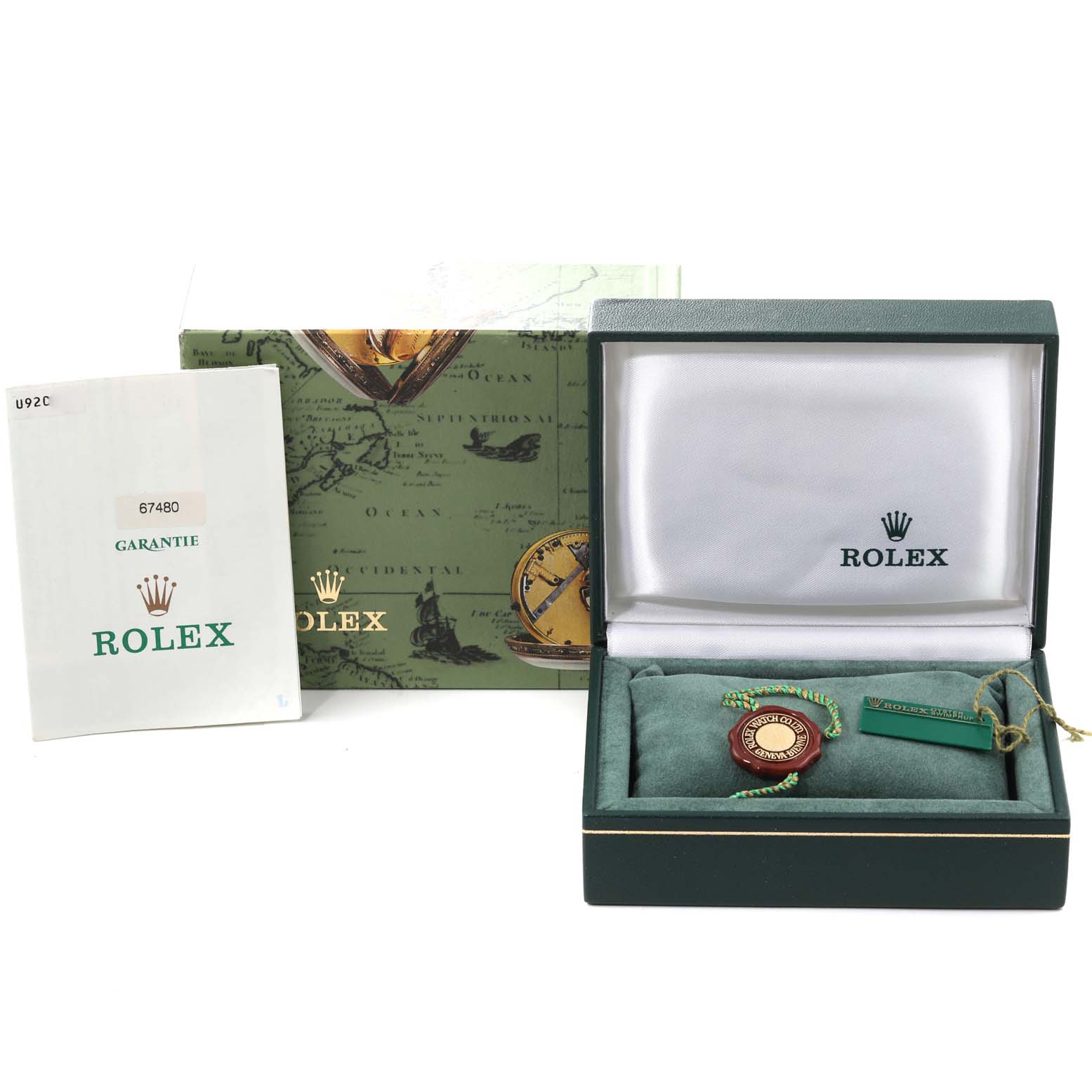 The image shows the packaging and accessories for a Mid-Size Rolex watch, including a box, booklet, and tags, viewed from the front.