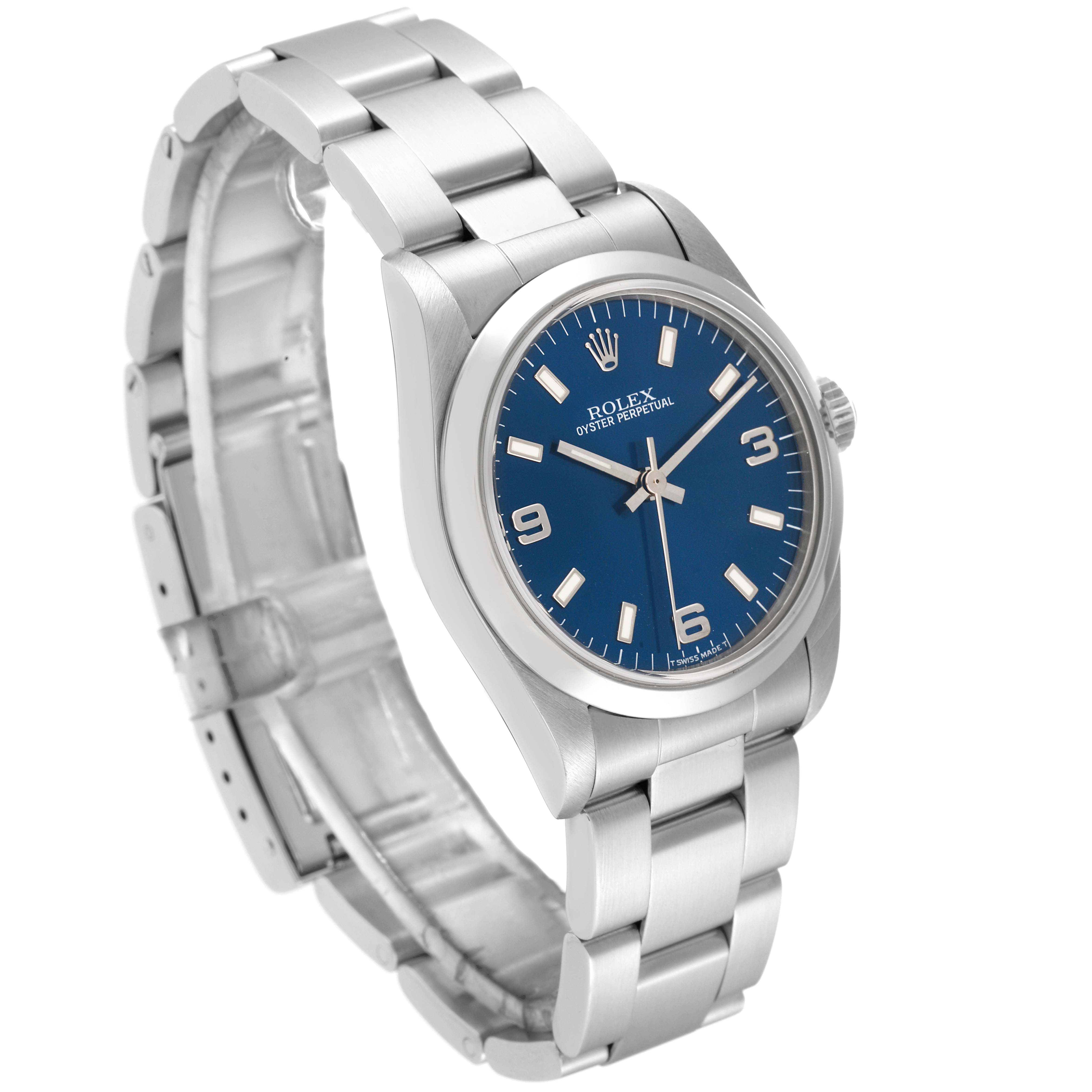 This image shows a Rolex Mid-Size 67480 Women
s Stainless Steel Blue Dial 67480 Women
s Stainless Steel Blue Dial model watch at a three-quarter angle, highlighting its blue dial, bezel, crown, and bracelet.