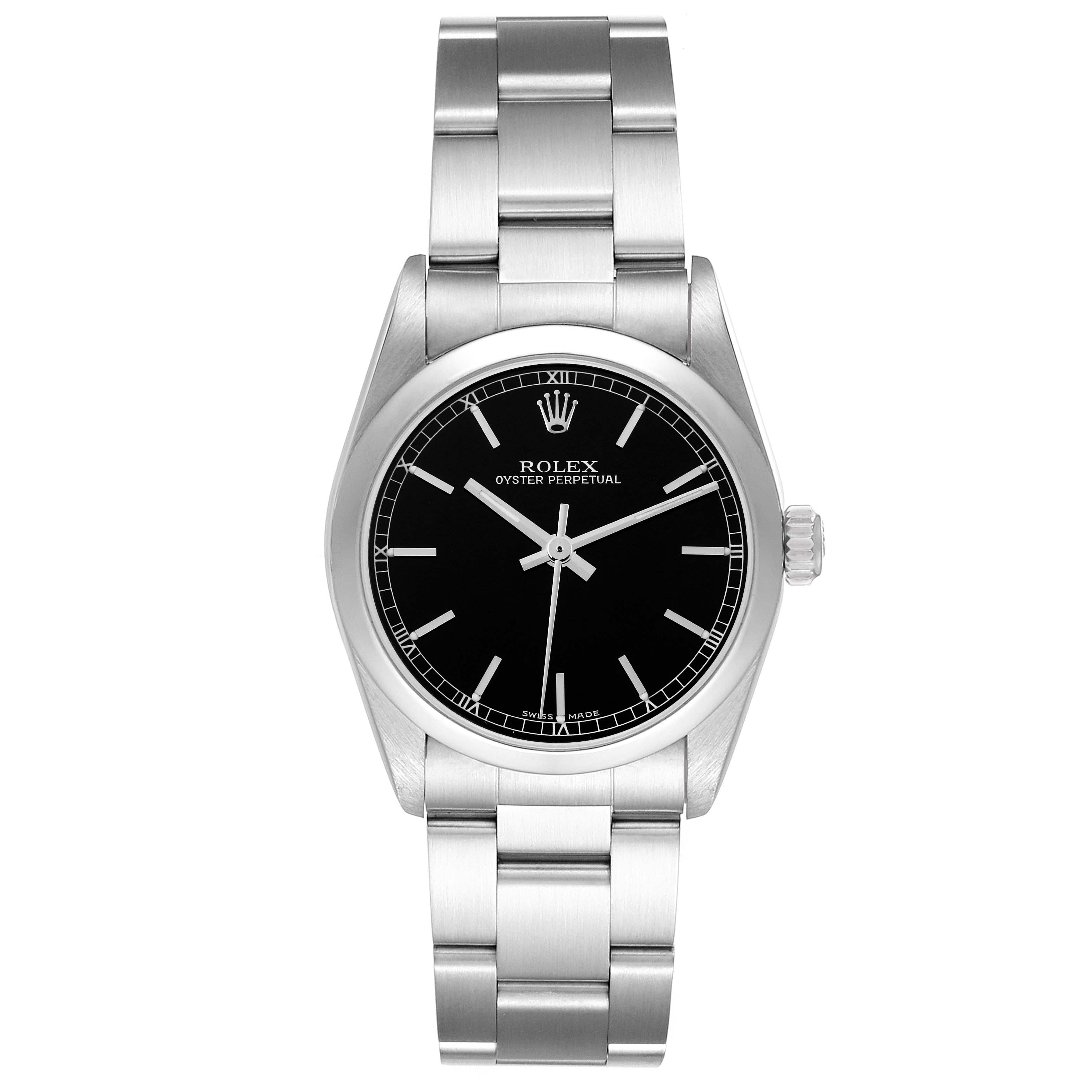 The Rolex Mid-Size 77080 Women's Stainless Steel Black Dial 77080 Women's Stainless Steel Black Dial watch is shown from the front, displaying the dial, case, and bracelet.