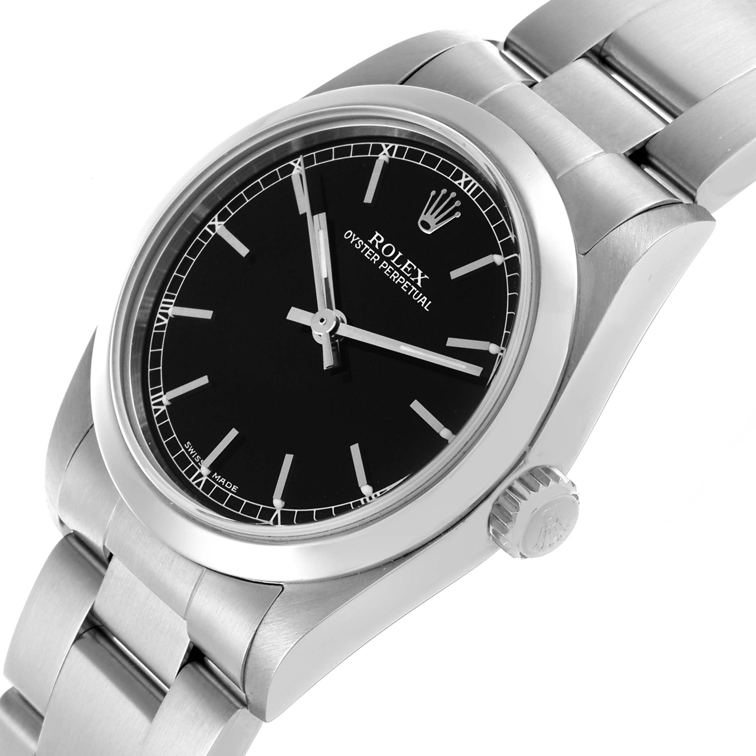 The Rolex Mid-Size 77080 Women's Stainless Steel Black Dial 77080 Women's Stainless Steel Black Dial watch is shown at an angle highlighting the dial, crown, and part of the bracelet.