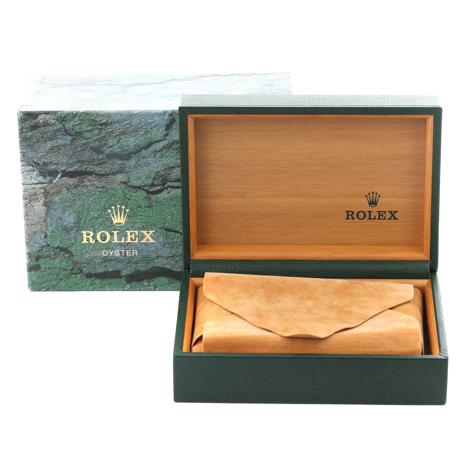 The image shows a Rolex box and pouch for a Mid-Size watch, with the box open and lid visible.