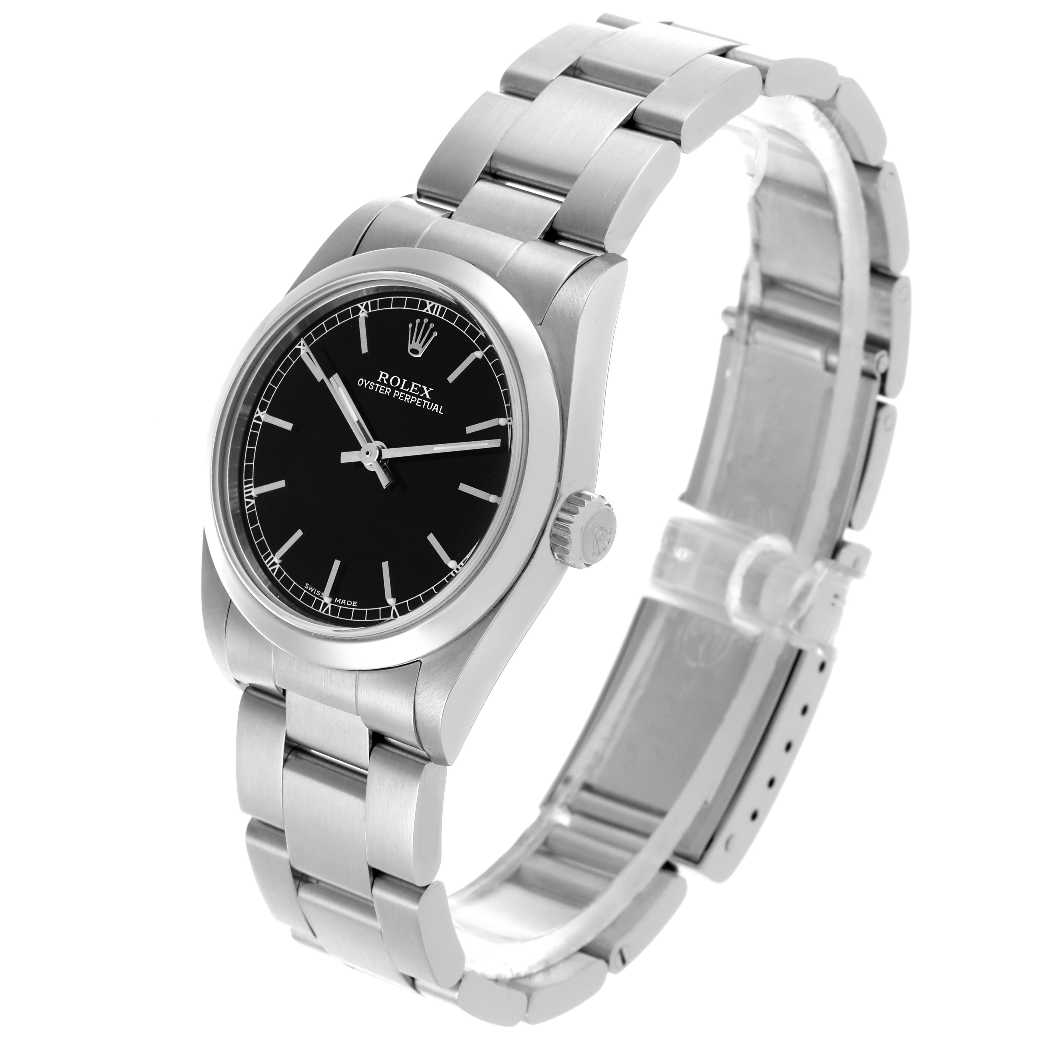 The Rolex Mid-Size 77080 Women's Stainless Steel Black Dial 77080 Women's Stainless Steel Black Dial watch is shown in a three-quarter view, displaying the dial, bezel, crown, and bracelet.