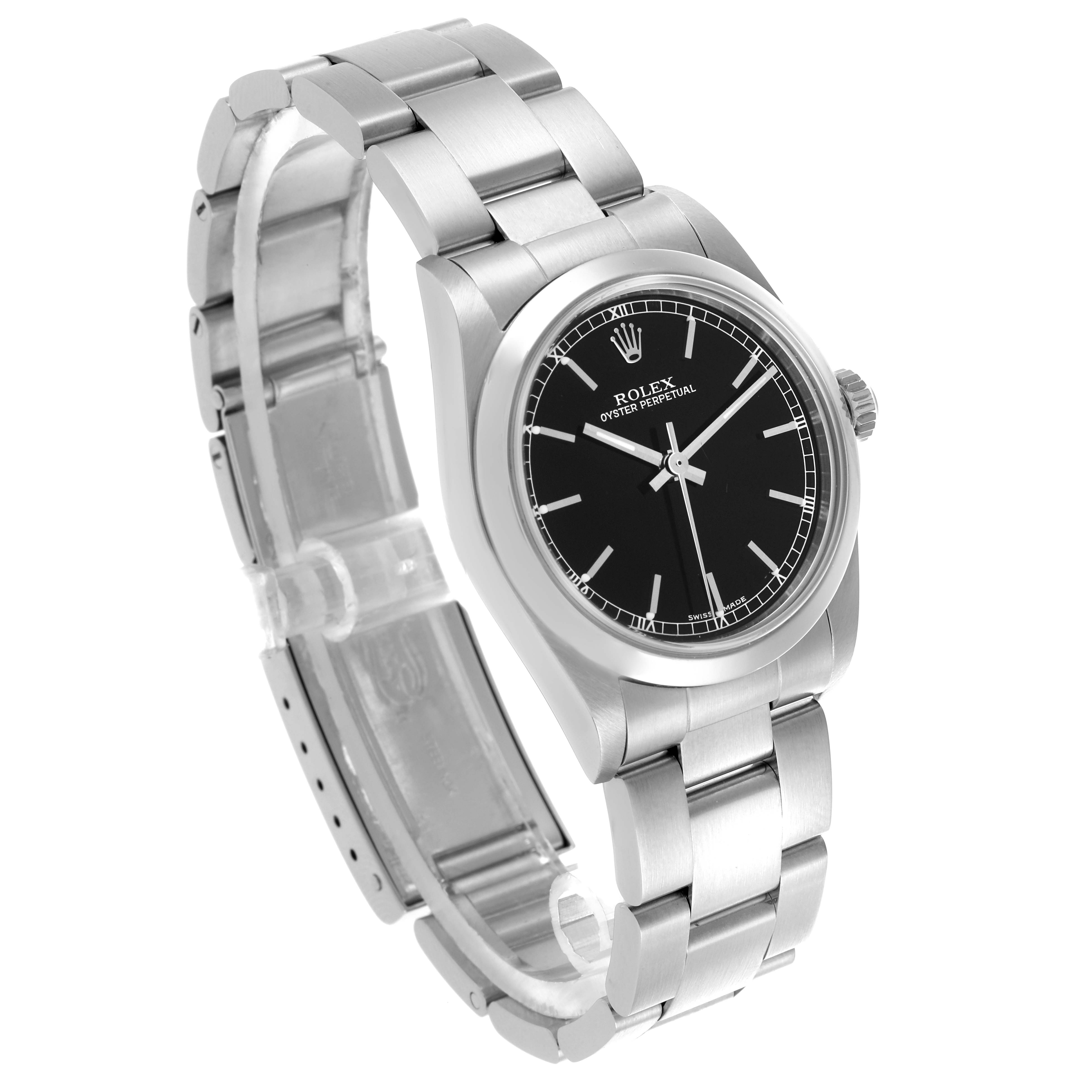 The Rolex Oyster Perpetual Mid-Size watch is shown from a three-quarter angle displaying the face, bezel, and bracelet.