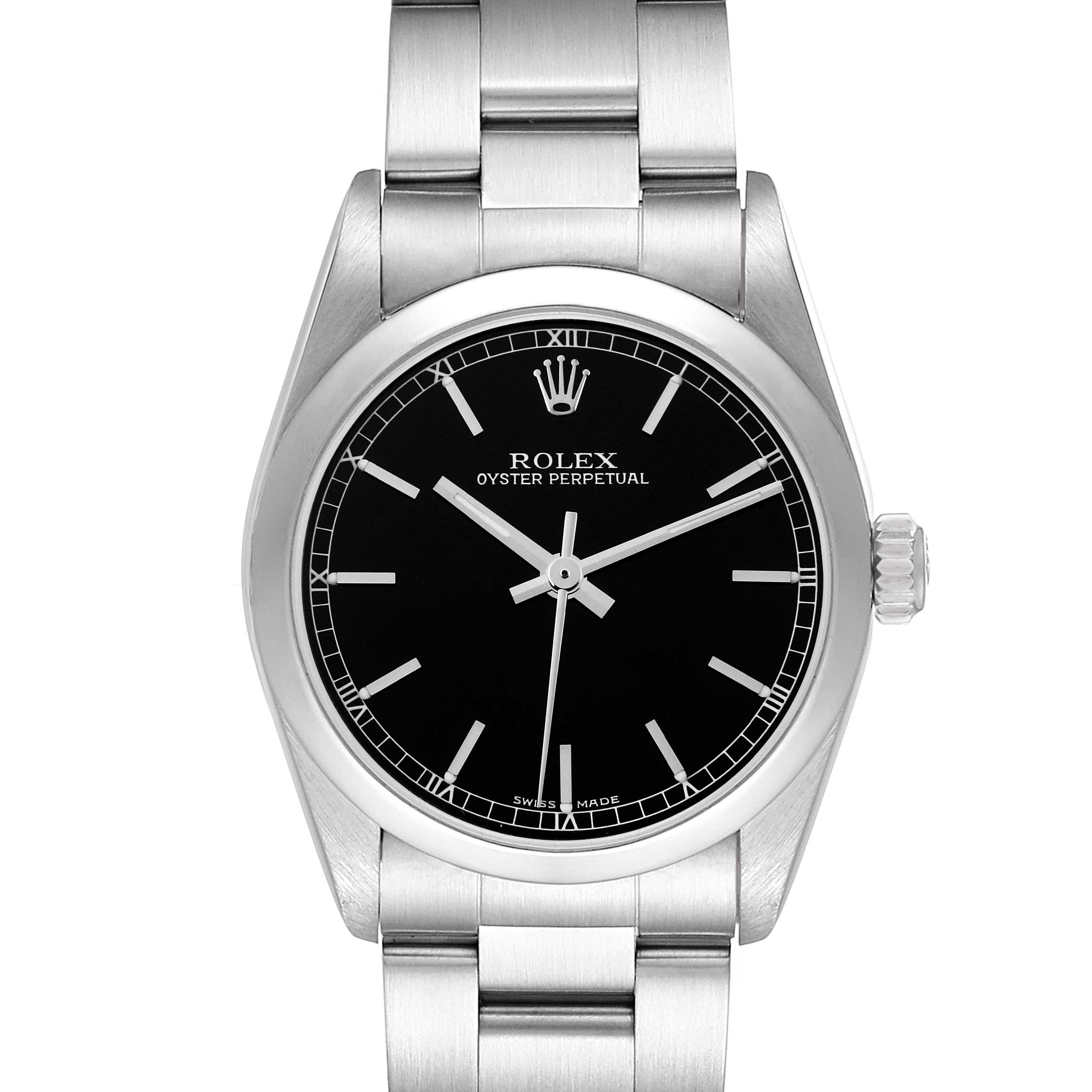 The Rolex Mid-Size 77080 Women's Stainless Steel Black Dial 77080 Women's Stainless Steel Black Dial Oyster Perpetual watch is shown from a front angle, displaying the dial, bezel, and part of the bracelet.