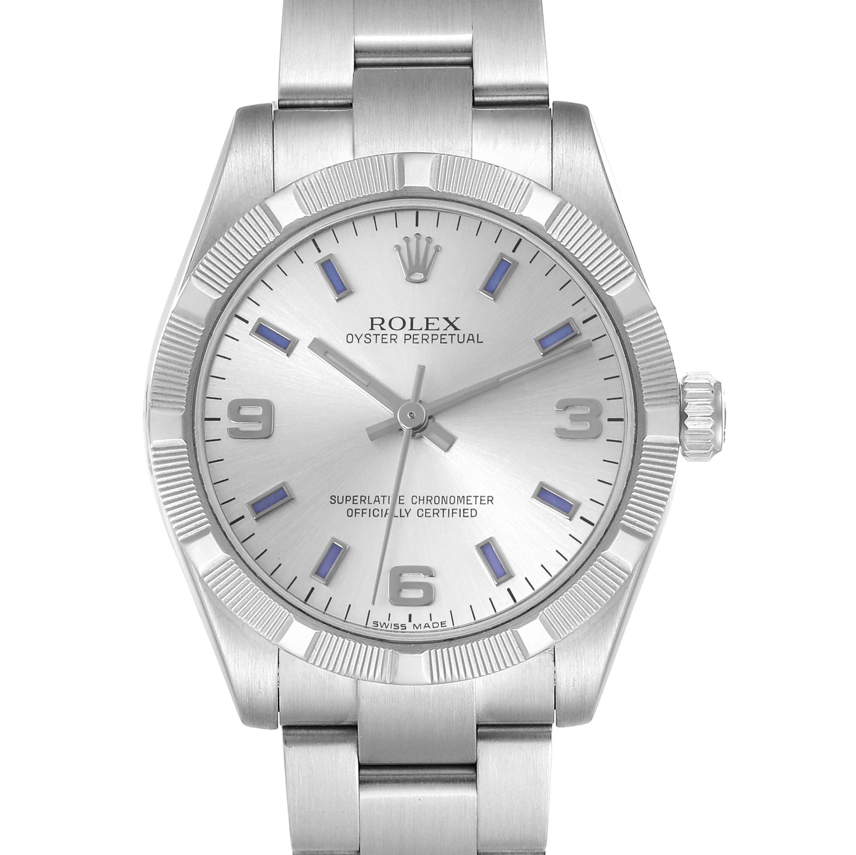 The Rolex Oyster Perpetual Mid-Size watch is shown from the front, featuring the dial, bezel, bracelet, and crown.