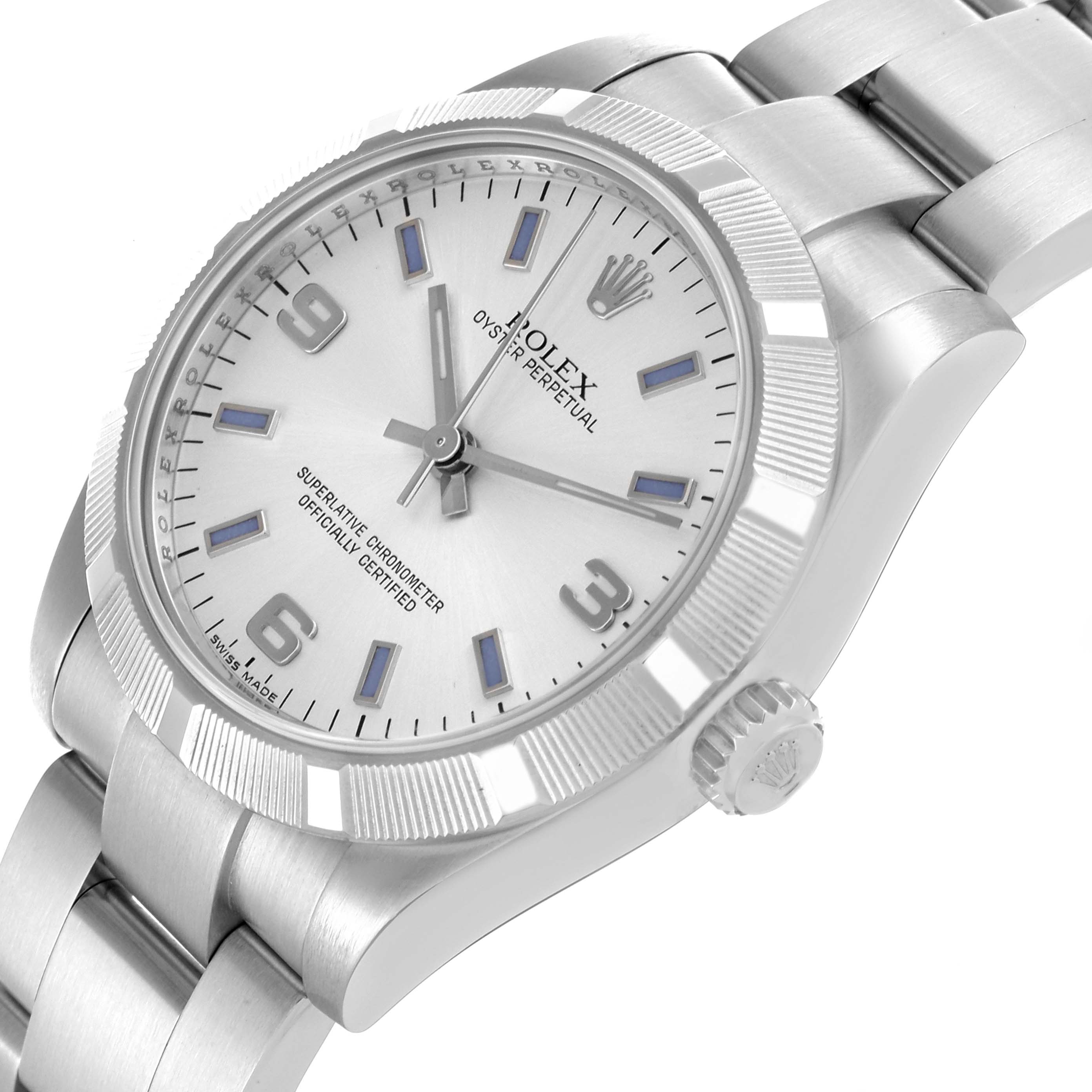 The Rolex Oyster Perpetual Mid-Size is shown at a three-quarter angle, highlighting the dial, bezel, crown, and bracelet links.