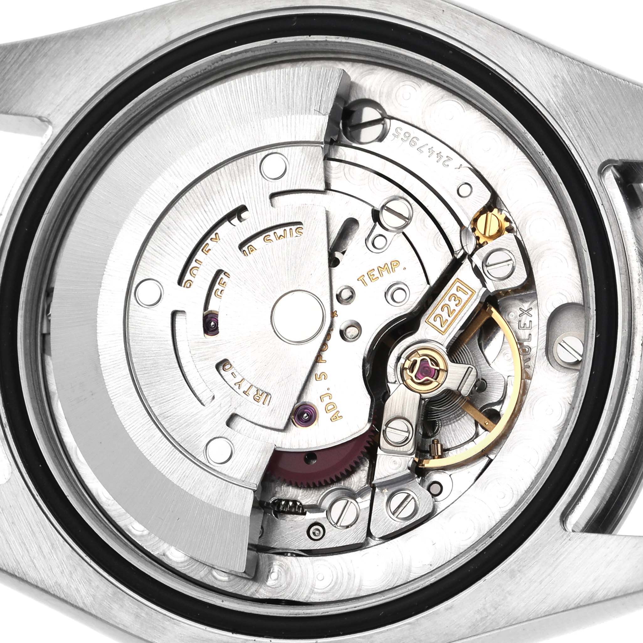 The image shows the movement mechanism of a Rolex Mid-Size 177210 Women's Stainless Steel Silver Dial 177210 Women's Stainless Steel Silver Dial watch from a top-down angle.