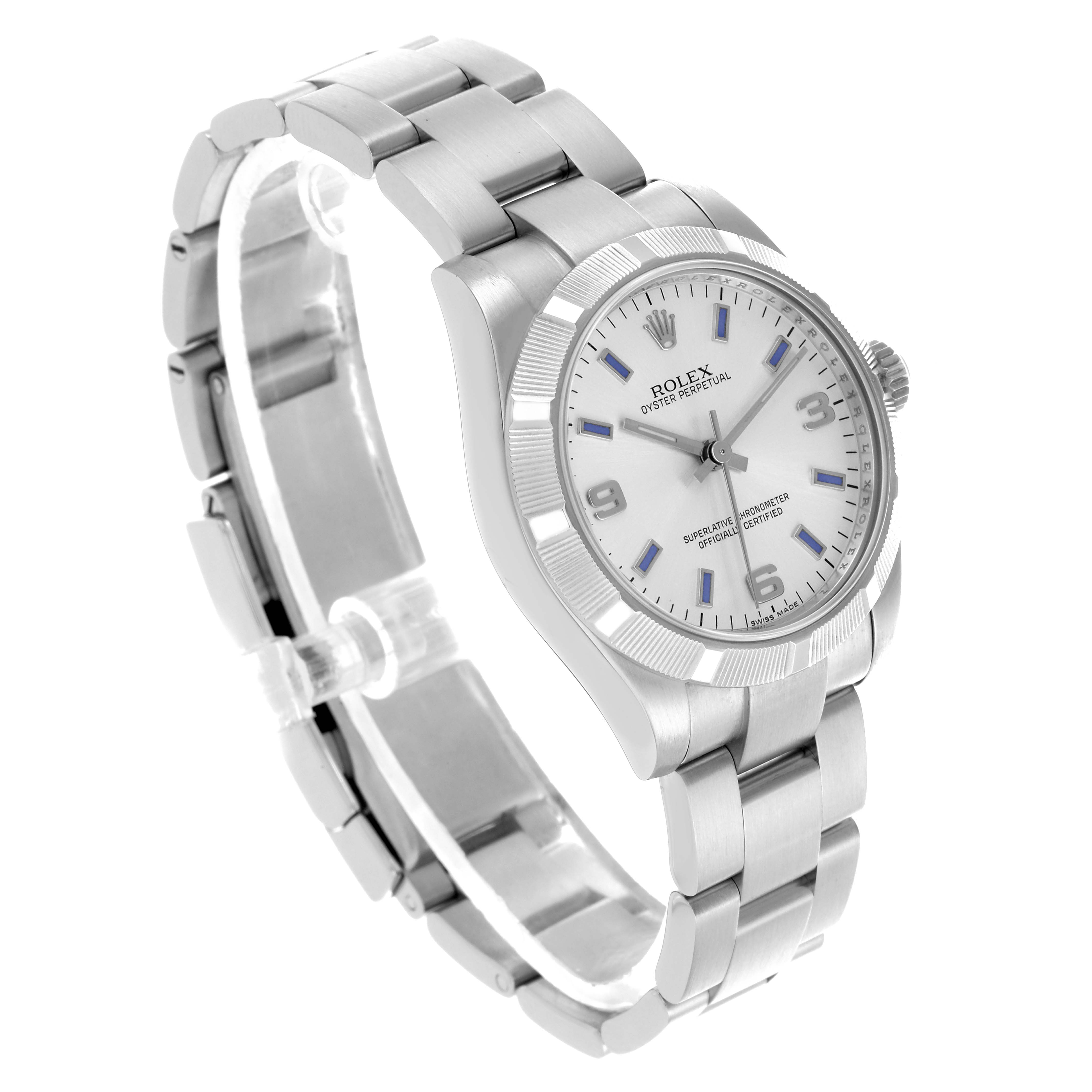 The Rolex Mid-Size 177210 Women's Stainless Steel Silver Dial 177210 Women's Stainless Steel Silver Dial watch is shown at a slight angle, displaying the face, band, and crown.