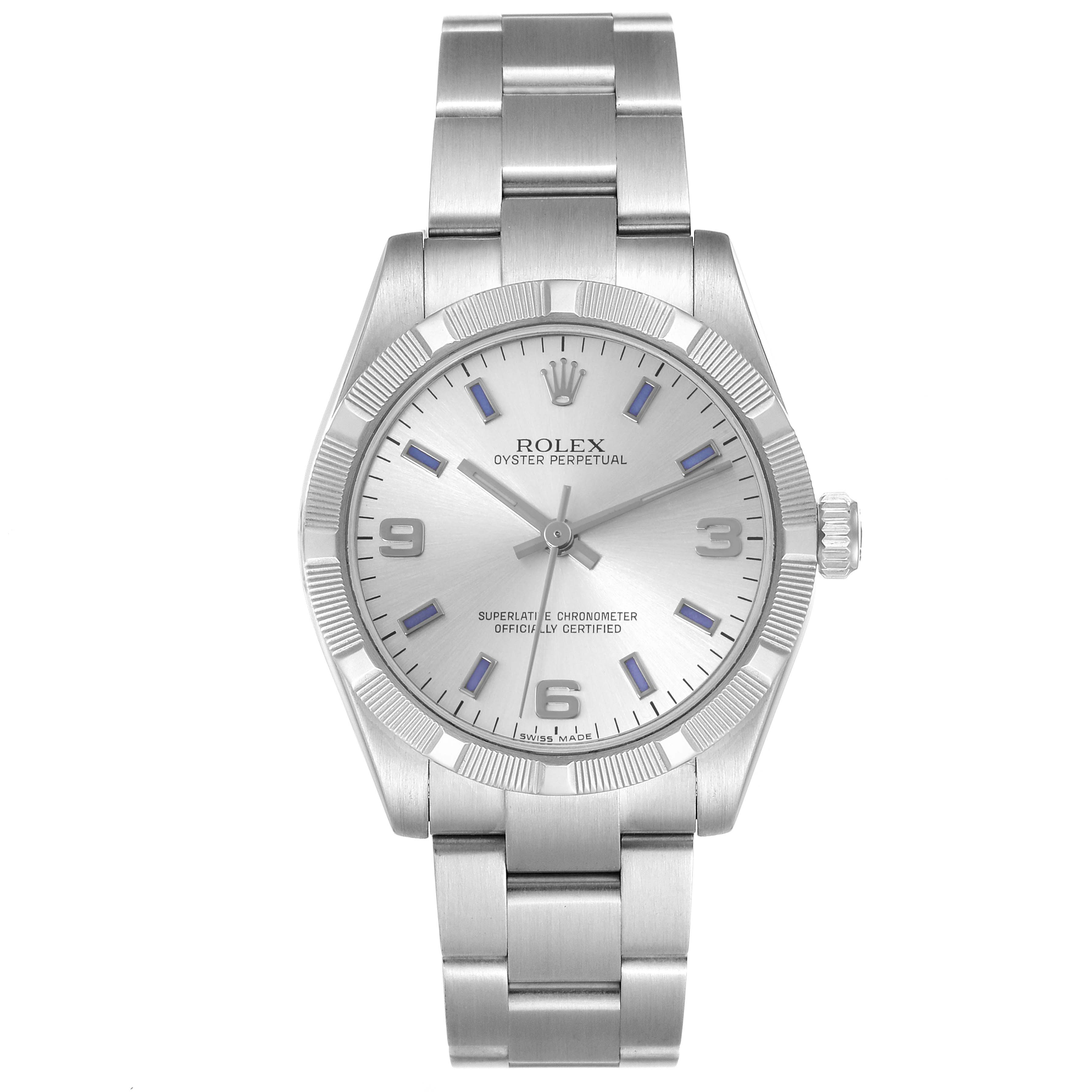 The Rolex Mid-Size 177210 Women's Stainless Steel Silver Dial 177210 Women's Stainless Steel Silver Dial model is shown from a top-down angle, displaying the full face, bezel, and bracelet.