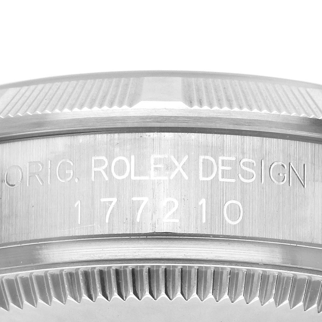 The image shows the side of a Rolex Mid-Size 177210 Women's Stainless Steel Silver Dial 177210 Women's Stainless Steel Silver Dial watch, highlighting the engraved model number and "Rolex Design" text.