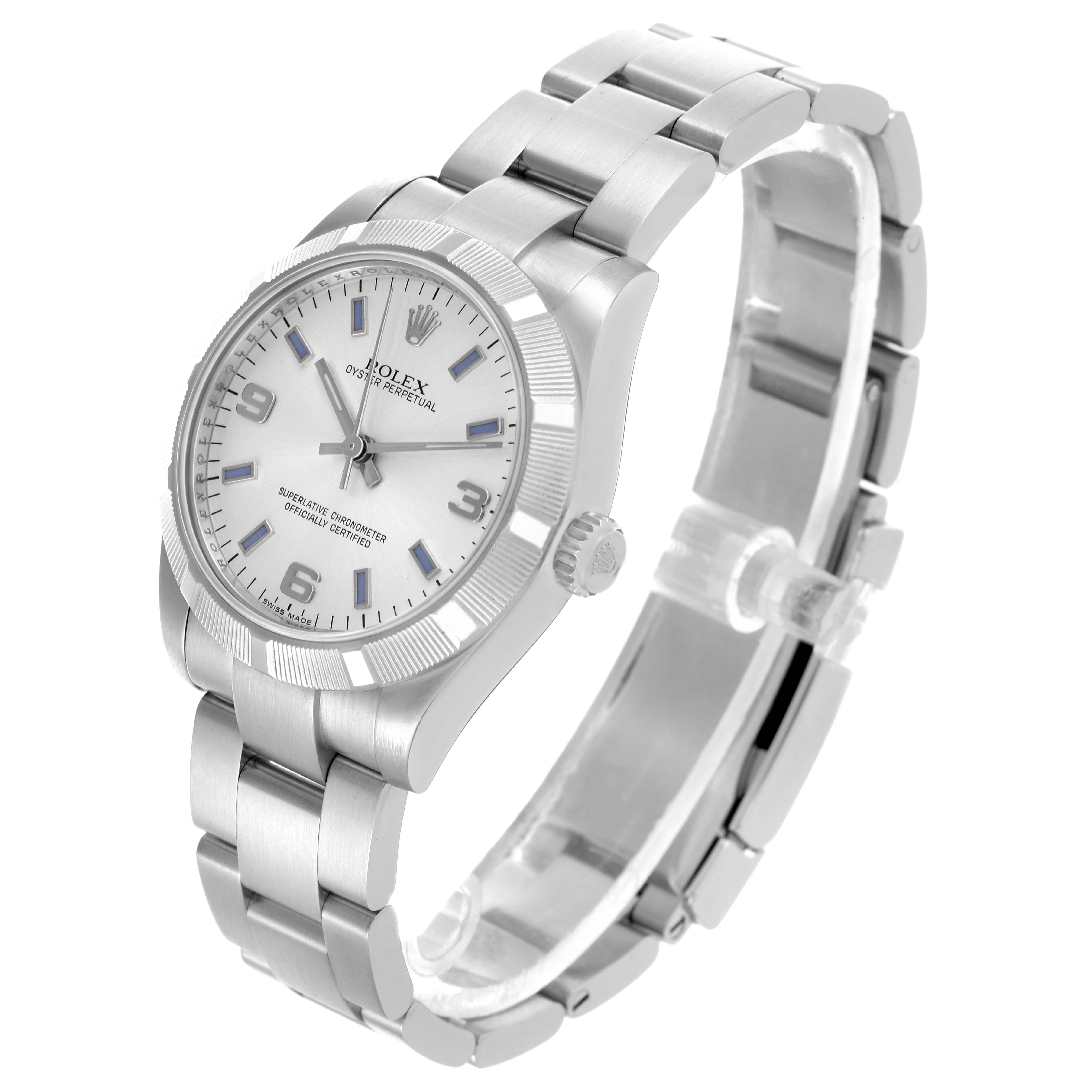 The Rolex Mid-Size 177210 Women's Stainless Steel Silver Dial 177210 Women's Stainless Steel Silver Dial watch is shown at a three-quarter angle, displaying the dial, bezel, crown, and stainless steel bracelet.