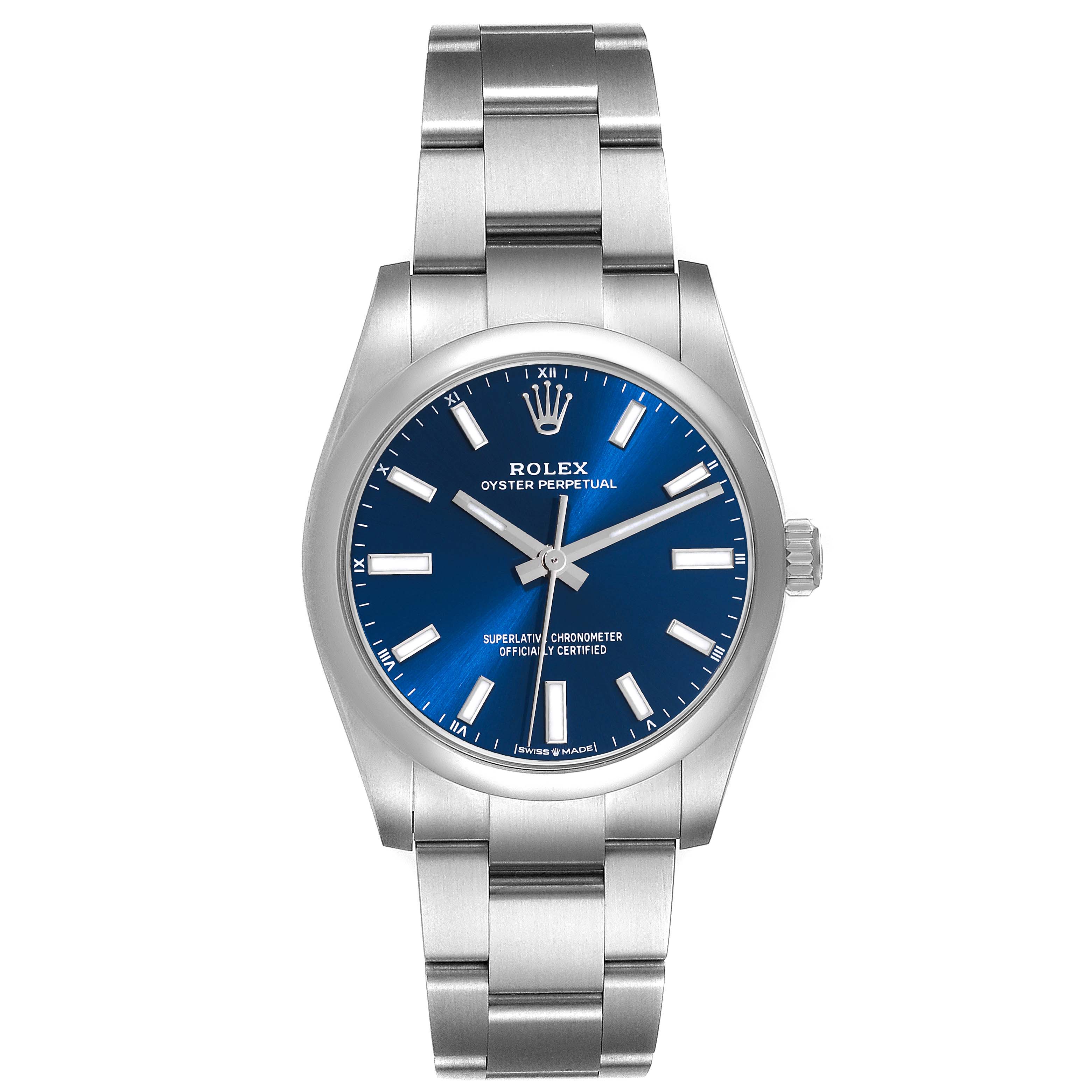 This image shows a front view of a Rolex Oyster Perpetual 124200 Men
s Stainless Steel Blue Dial 124200 Men
s Stainless Steel Blue Dial watch, highlighting the dial, hands, case, and bracelet.