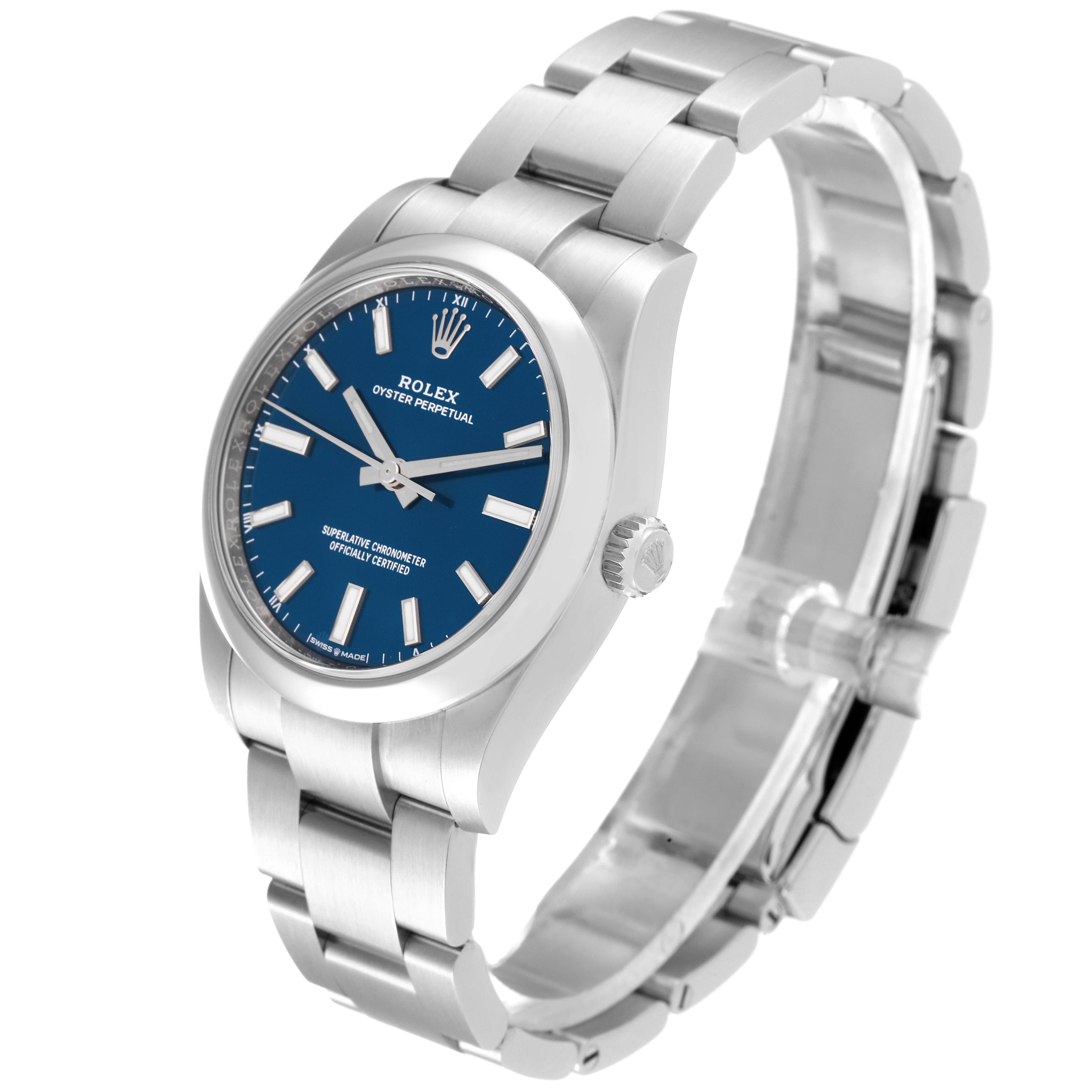 The Rolex Oyster Perpetual 124200 Men
s Stainless Steel Blue Dial 124200 Men
s Stainless Steel Blue Dial watch is shown at an angle highlighting the blue dial, bezel, crown, and bracelet.