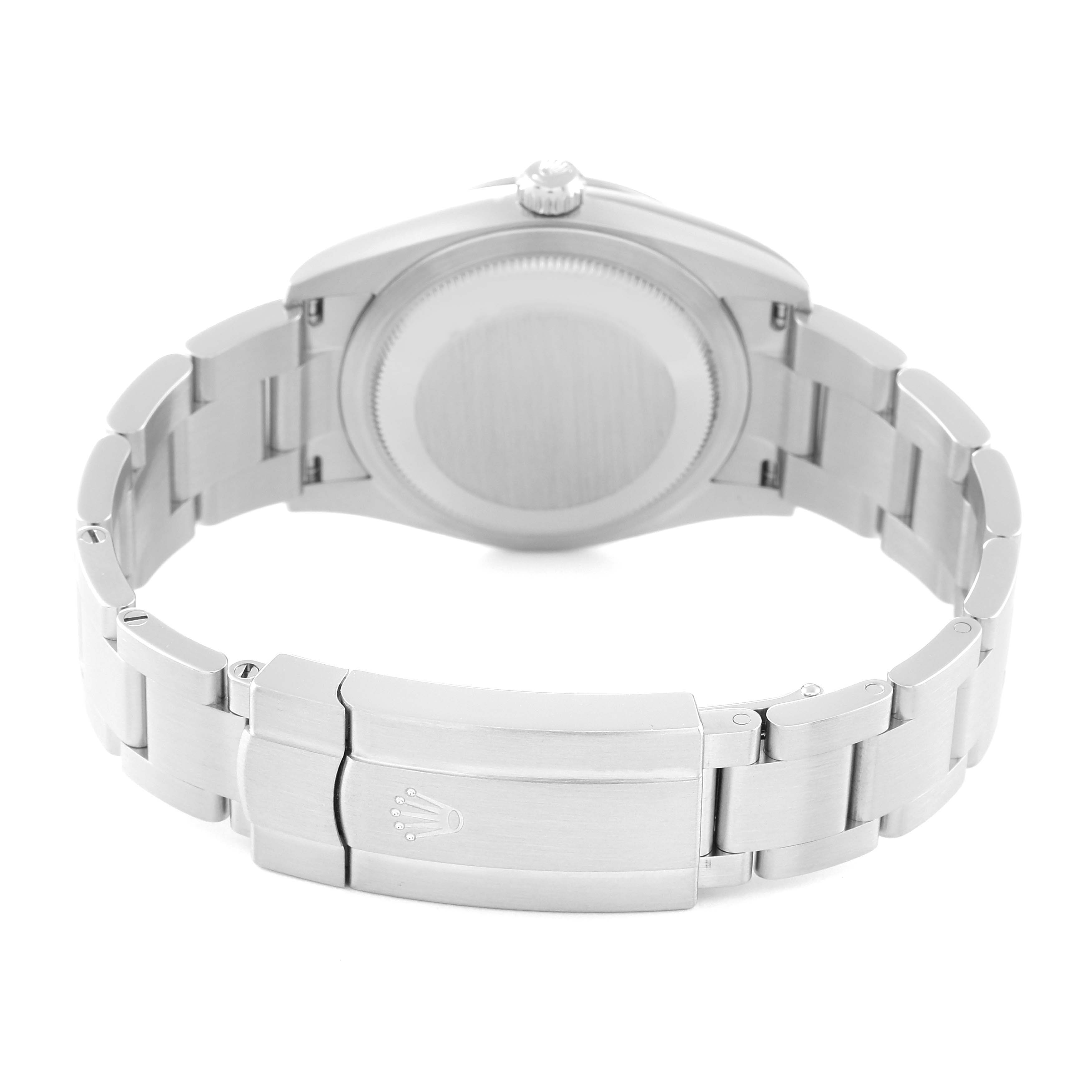 This image shows the back view and clasp of a Rolex Oyster Perpetual 124200 Men
s Stainless Steel Blue Dial 124200 Men
s Stainless Steel Blue Dial watch, highlighting the case back and bracelet.