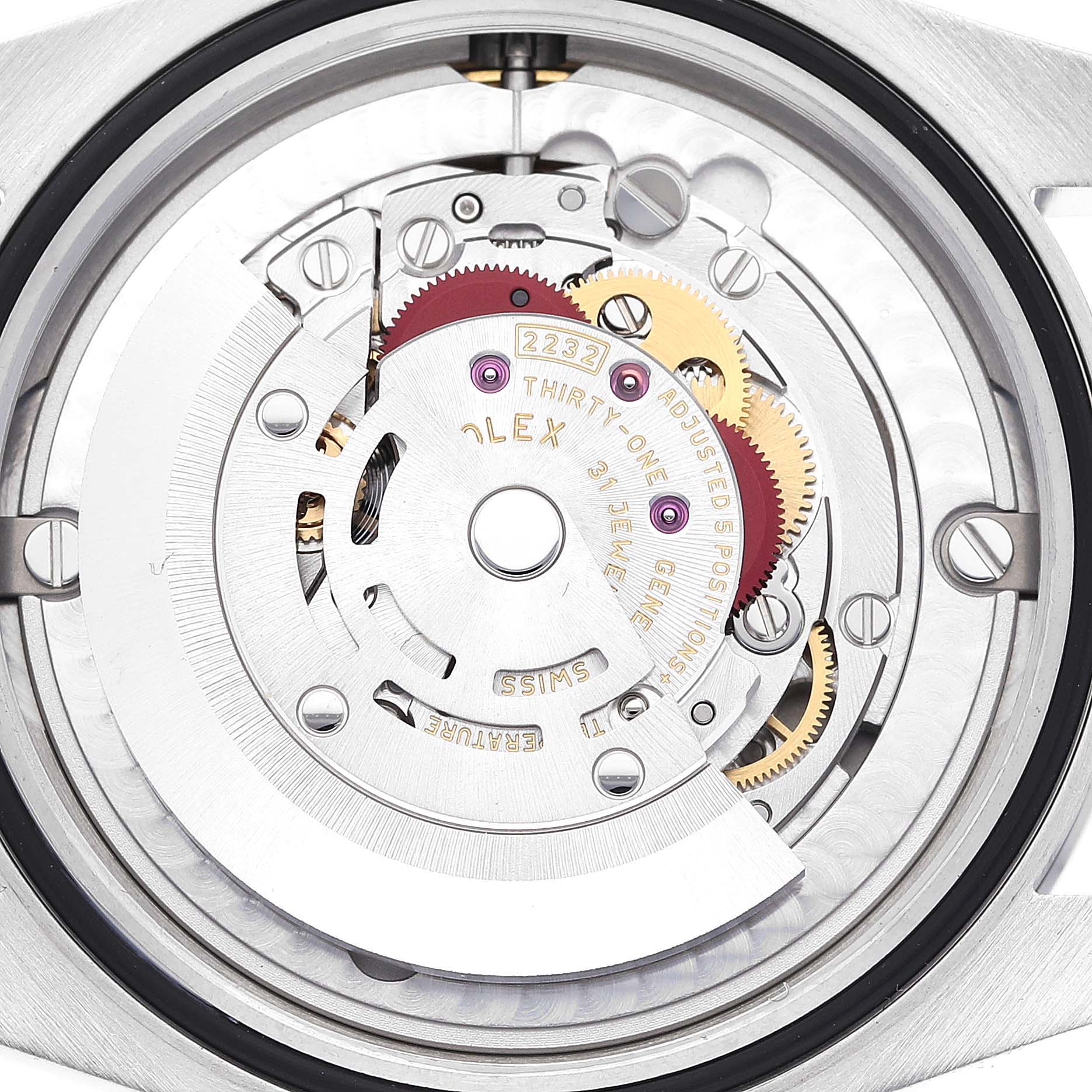 This image shows the internal mechanism of a Rolex Oyster Perpetual 124200 Men
s Stainless Steel Blue Dial 124200 Men
s Stainless Steel Blue Dial watch, viewed from the back, highlighting its intricate gears and components.