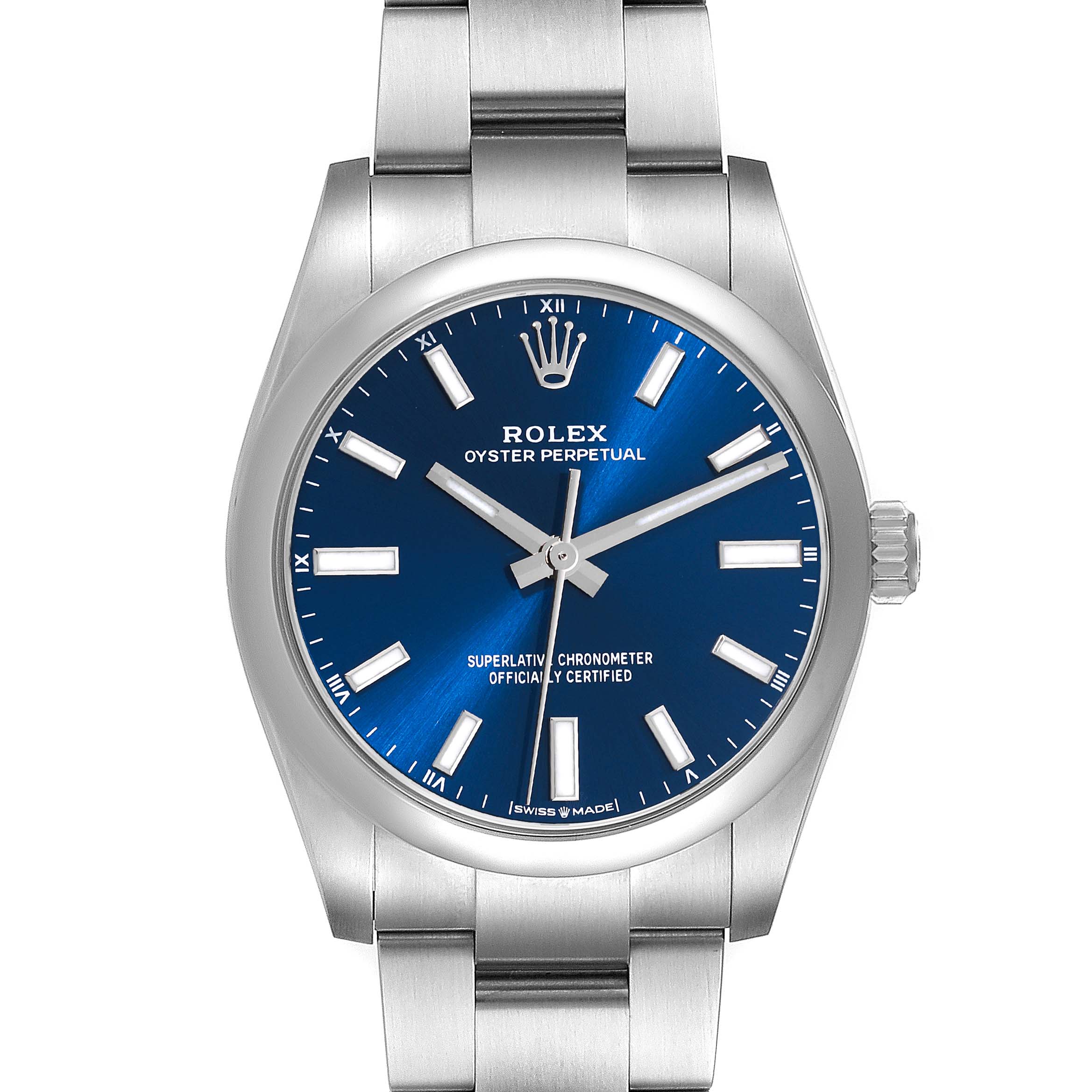 The image shows a front view of a Rolex Oyster Perpetual 124200 Men
s Stainless Steel Blue Dial 124200 Men
s Stainless Steel Blue Dial watch with a blue dial and silver bracelet.