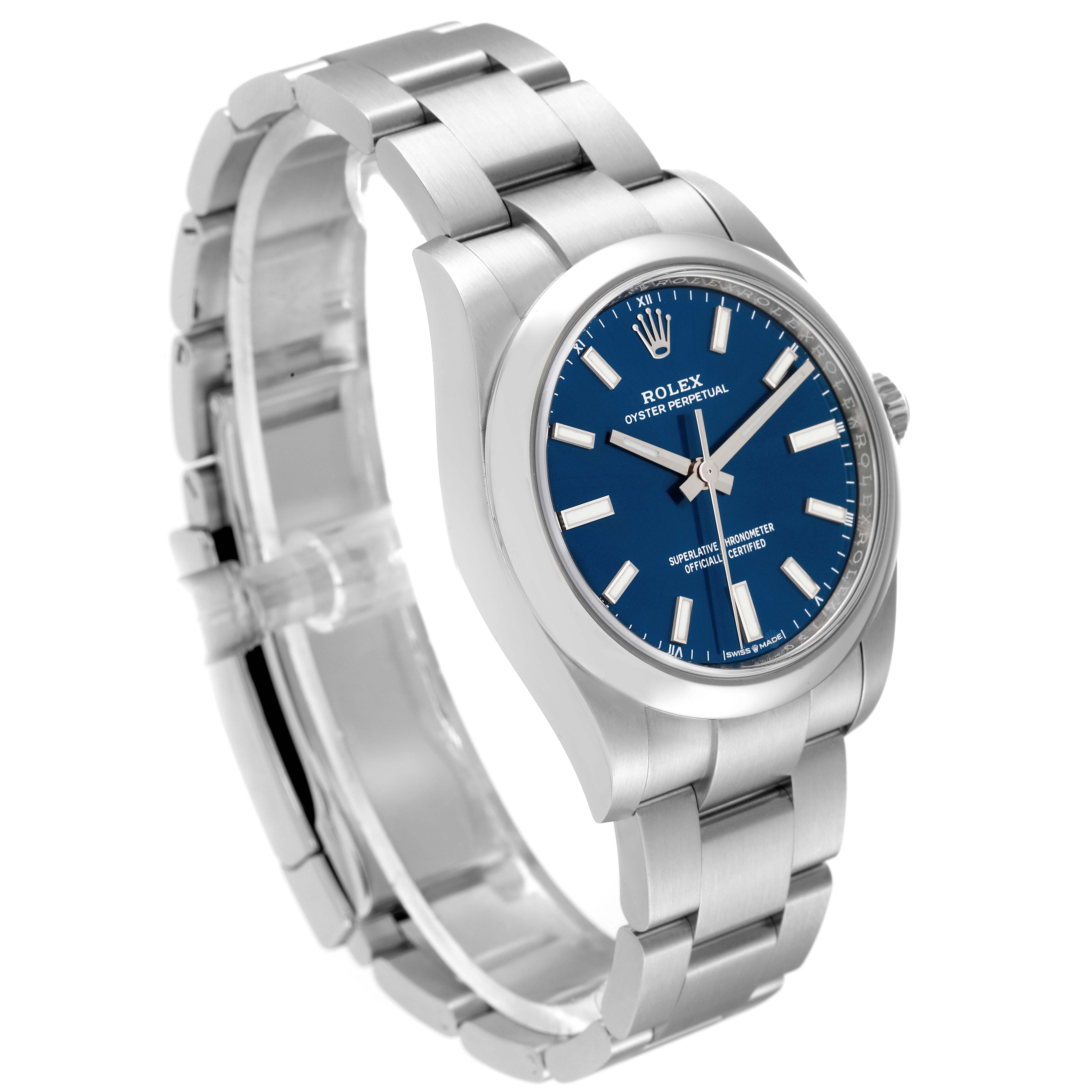 The Rolex Oyster Perpetual 124200 Men
s Stainless Steel Blue Dial 124200 Men
s Stainless Steel Blue Dial watch is shown at an angle displaying the face, bezel, bracelet, and clasp.