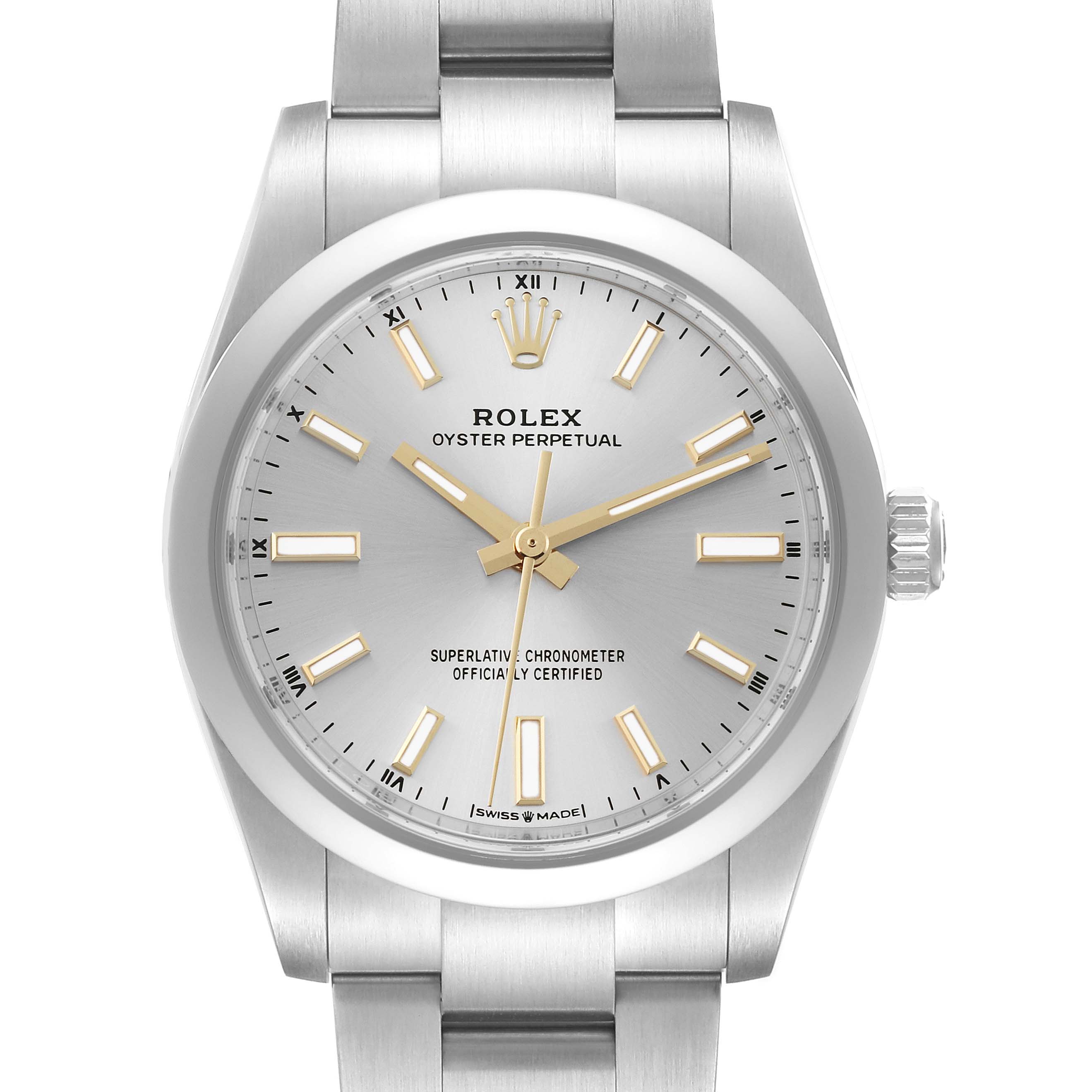 This Rolex Oyster Perpetual 124200 Men
s Stainless Steel Silver Dial 124200 Men
s Stainless Steel Silver Dial watch is shown from the front, displaying its dial, hands, indices, case, and part of the bracelet.