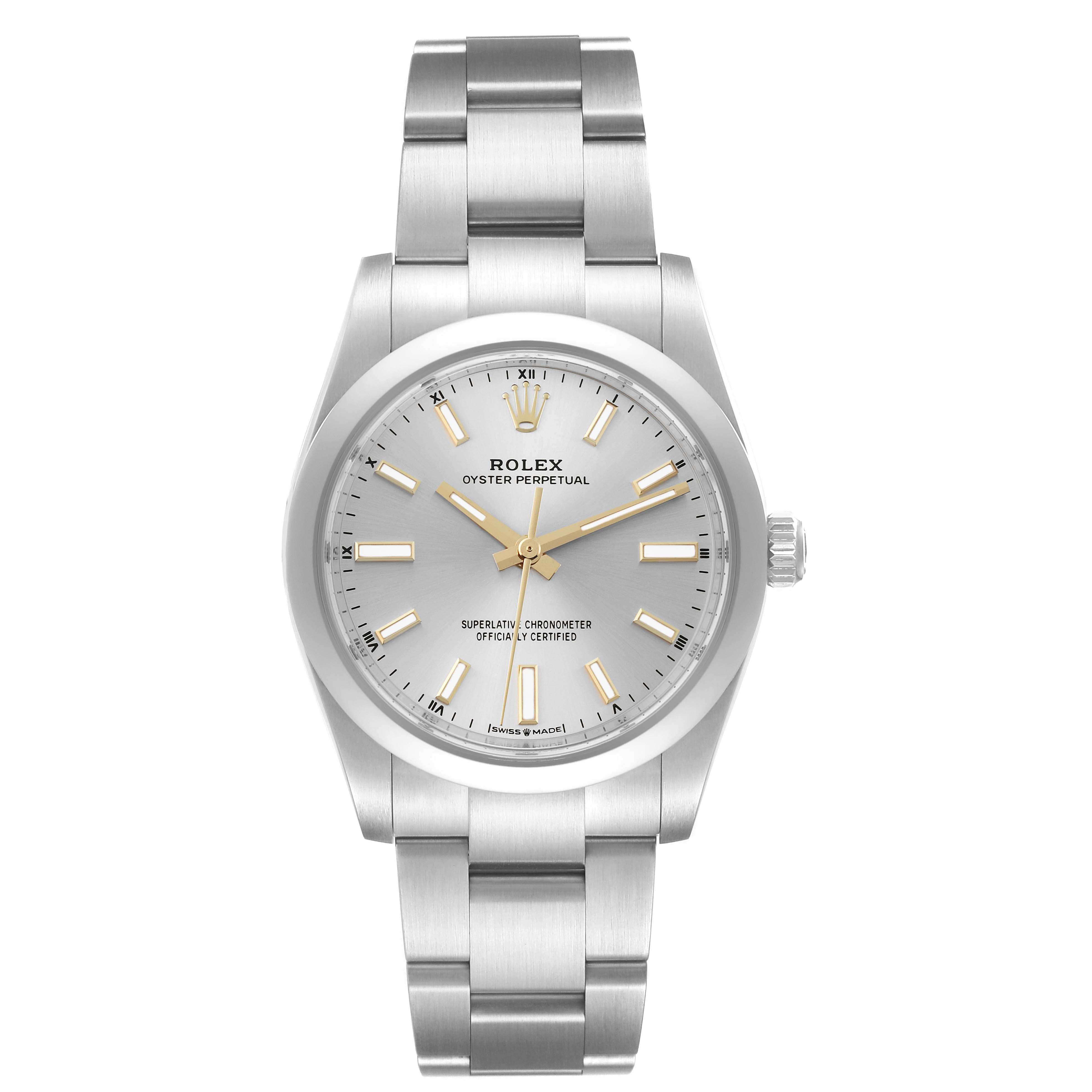 This image shows a front view of the Rolex Oyster Perpetual 124200 Men
s Stainless Steel Silver Dial 124200 Men
s Stainless Steel Silver Dial watch, highlighting its dial and bracelet.