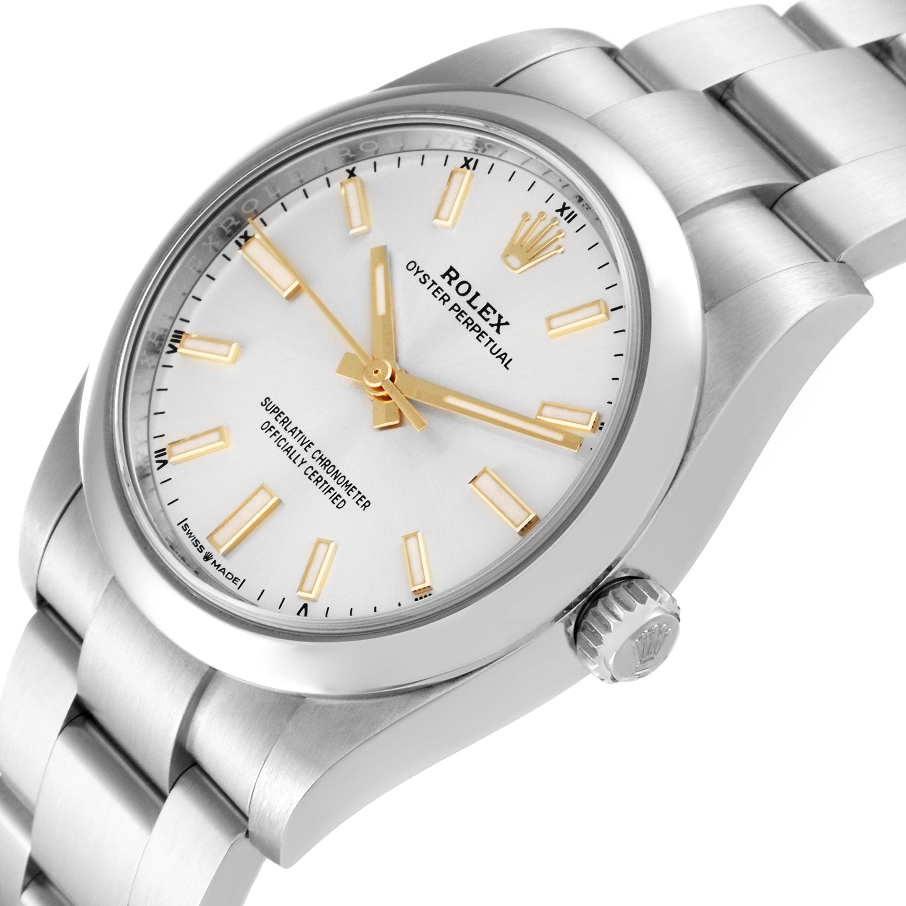 The image shows a close-up view of a Rolex Oyster Perpetual 124200 Men
s Stainless Steel Silver Dial 124200 Men
s Stainless Steel Silver Dial watch angled slightly, highlighting the dial, bezel, bracelet, and crown.