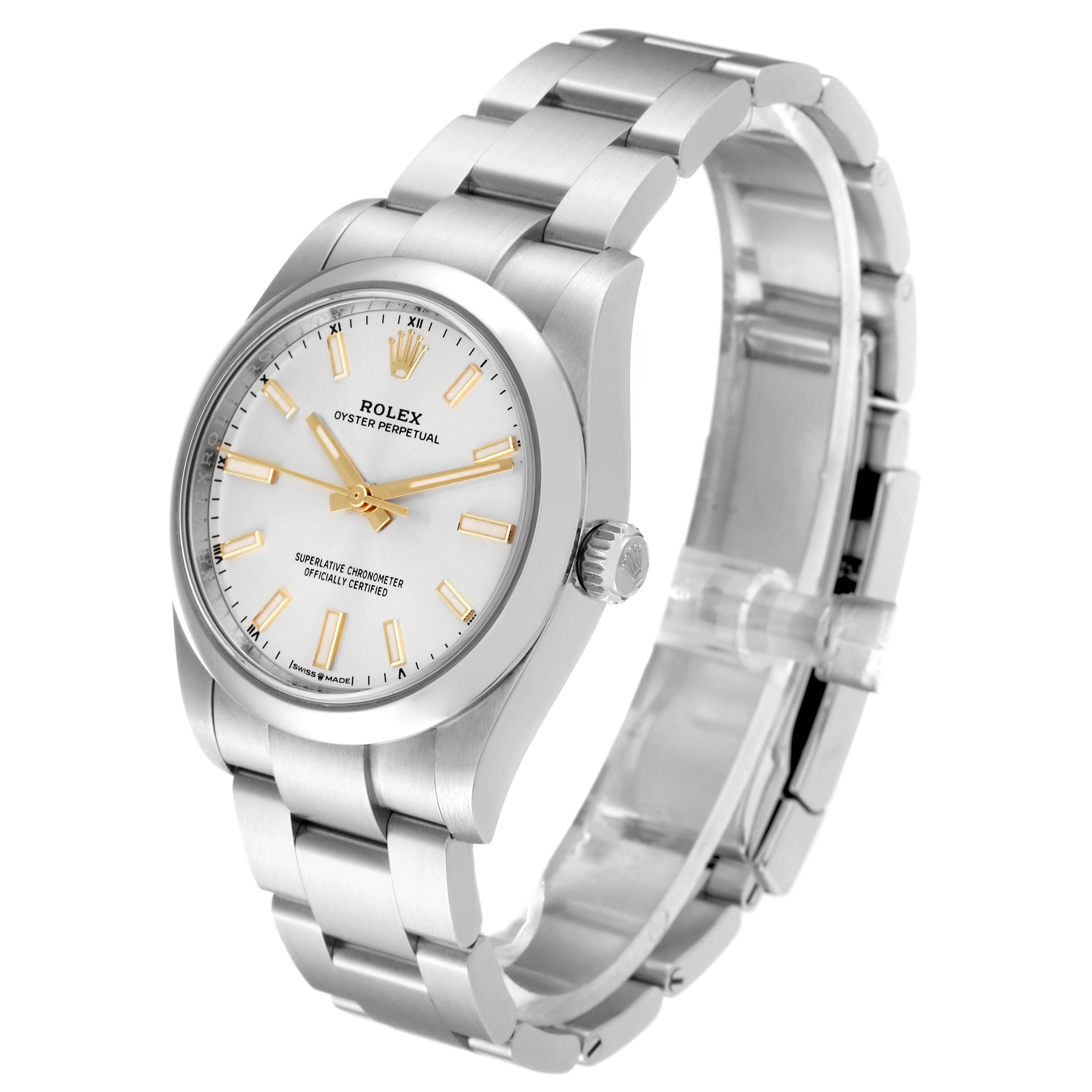 The Rolex Oyster Perpetual 124200 Men
s Stainless Steel Silver Dial 124200 Men
s Stainless Steel Silver Dial watch is shown at a slight angle, displaying the face, crown, and bracelet.