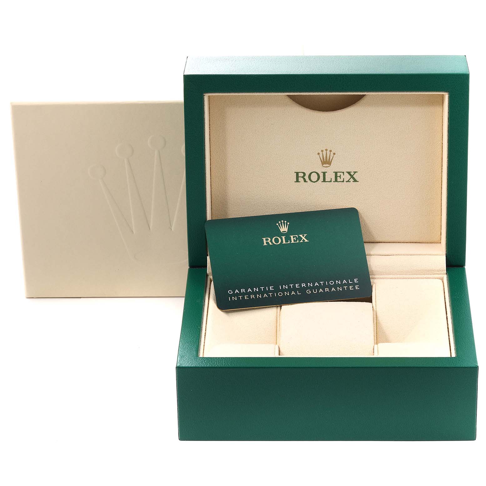The image shows the open green and cream box of a Rolex Oyster Perpetual 124200 Men
s Stainless Steel Silver Dial 124200 Men
s Stainless Steel Silver Dial watch with the international guarantee card inside.
