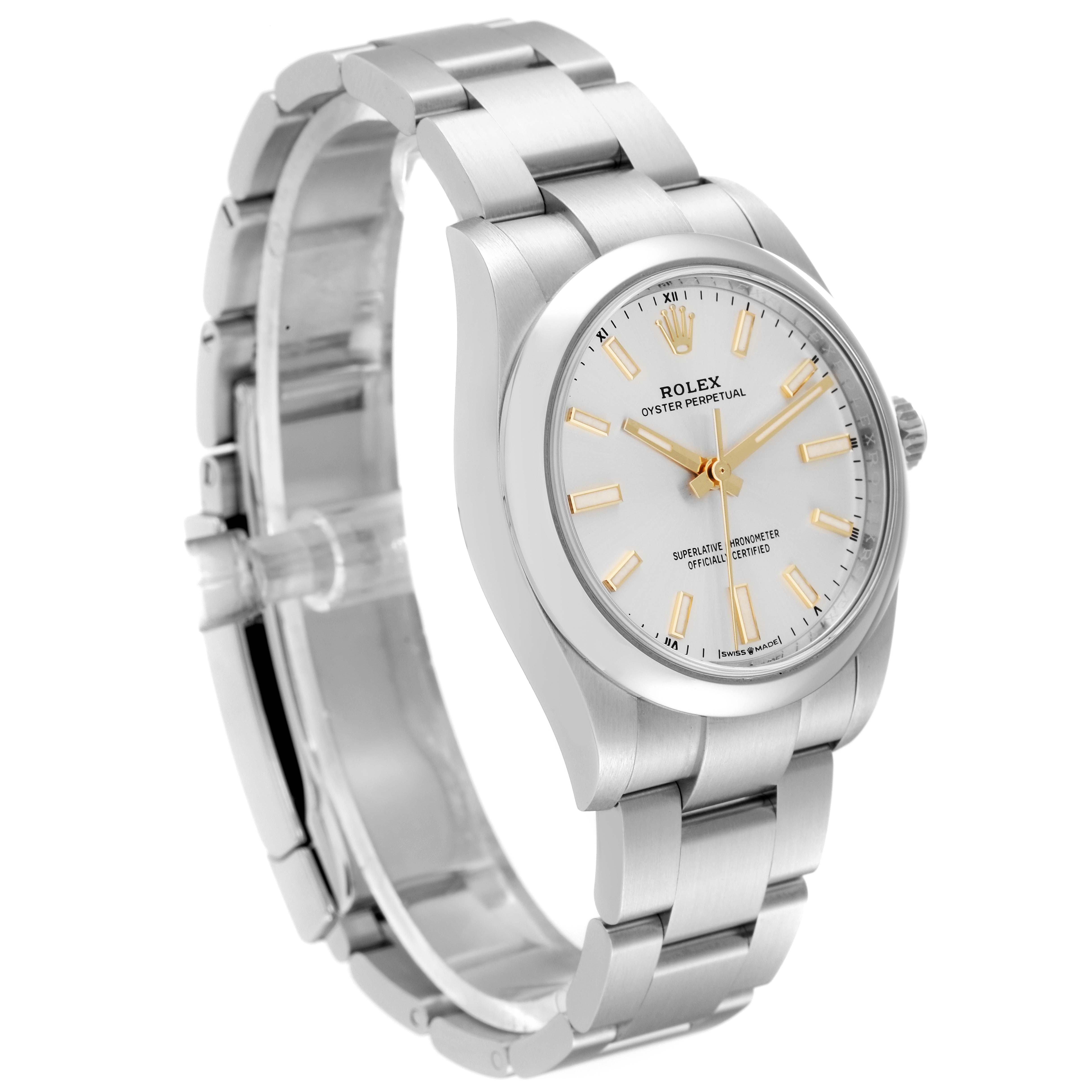 The image shows a side angle of a Rolex Oyster Perpetual 124200 Men
s Stainless Steel Silver Dial 124200 Men
s Stainless Steel Silver Dial watch, highlighting the bracelet, case, and dial.