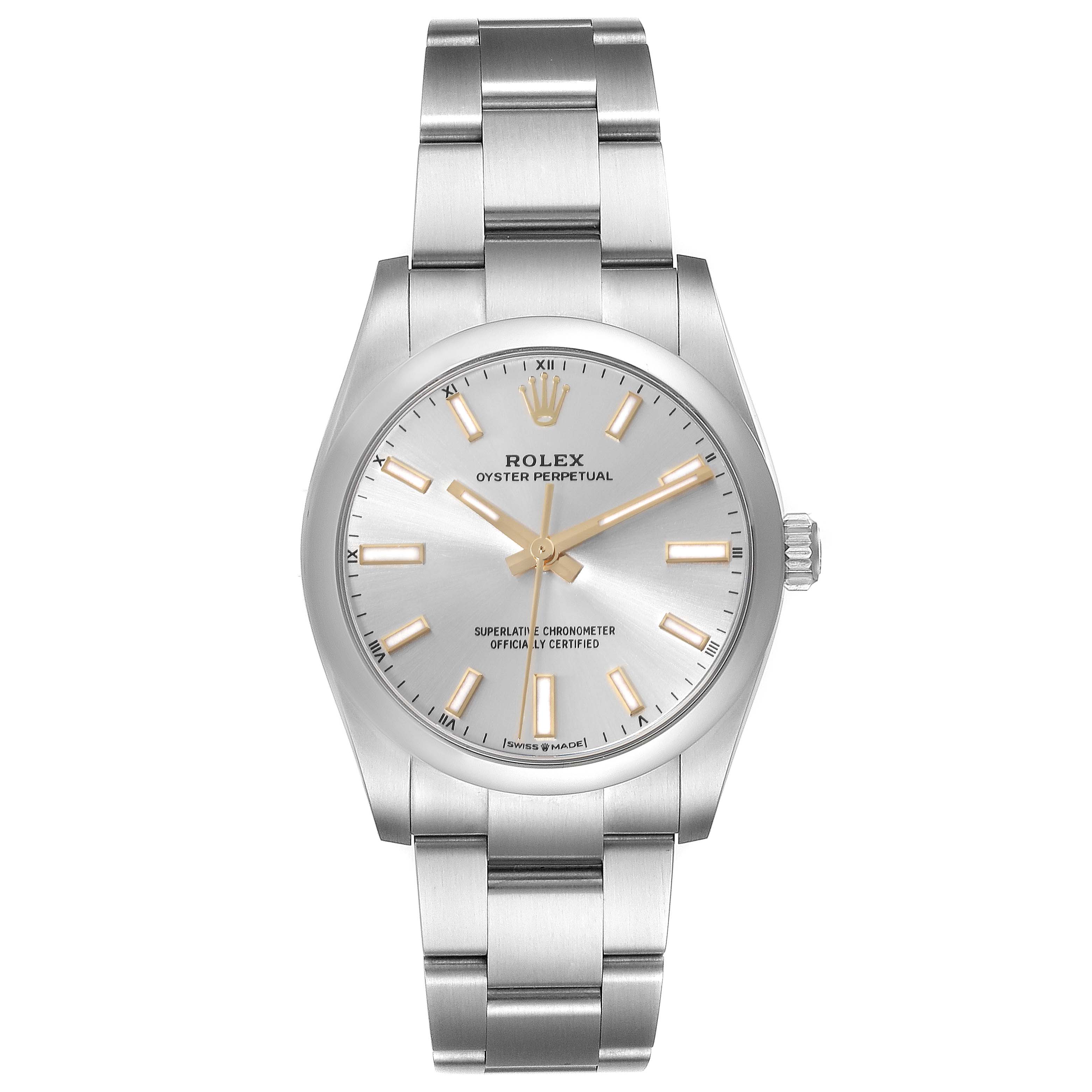 This image shows a front view of a Rolex Oyster Perpetual 124200 Men's Stainless Steel Silver Dial 124200 Men's Stainless Steel Silver Dial watch, displaying the face, dial, and bracelet.