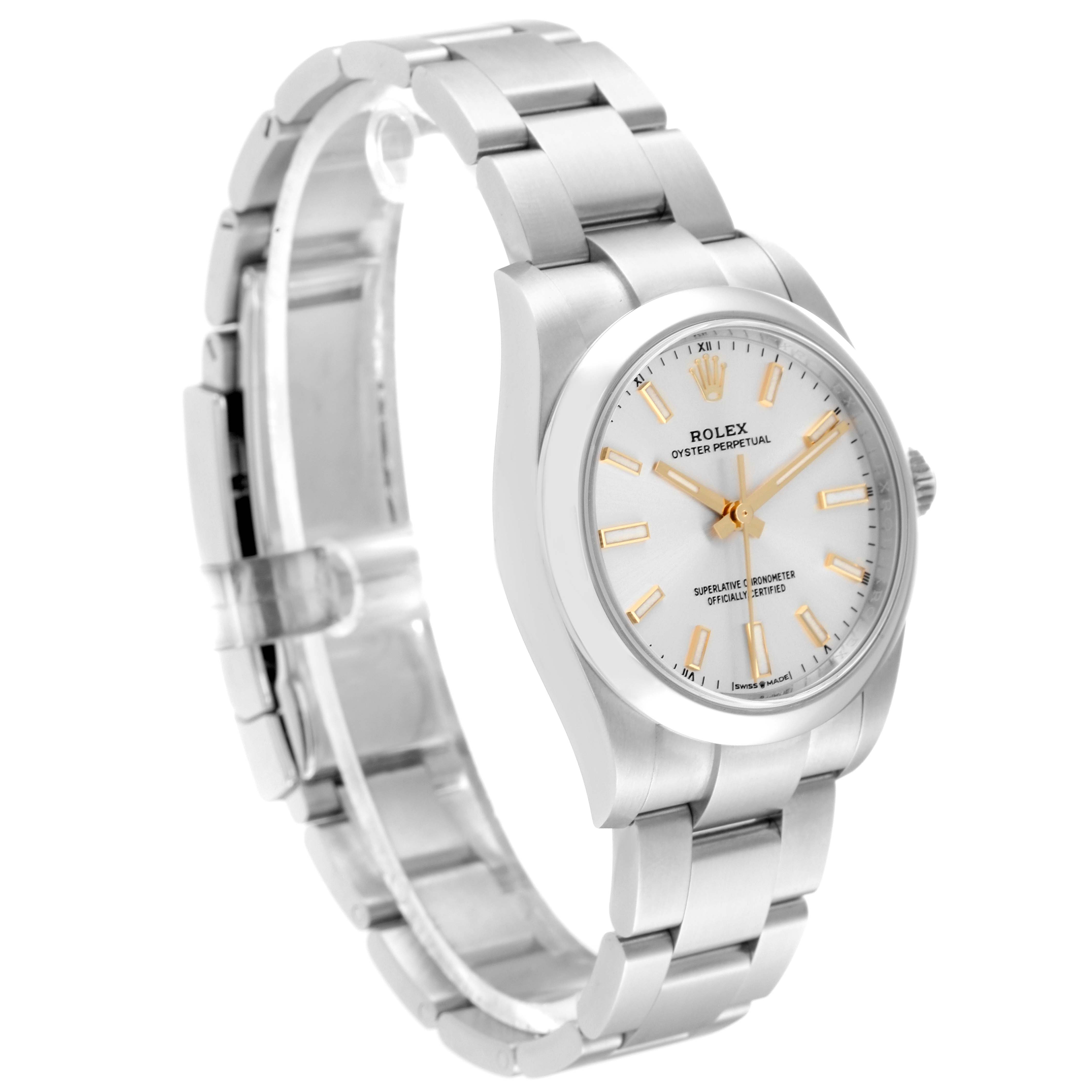 This Rolex Oyster Perpetual 124200 Men's Stainless Steel Silver Dial 124200 Men's Stainless Steel Silver Dial watch is shown at an angle showcasing the face, bezel, bracelet, and clasp.