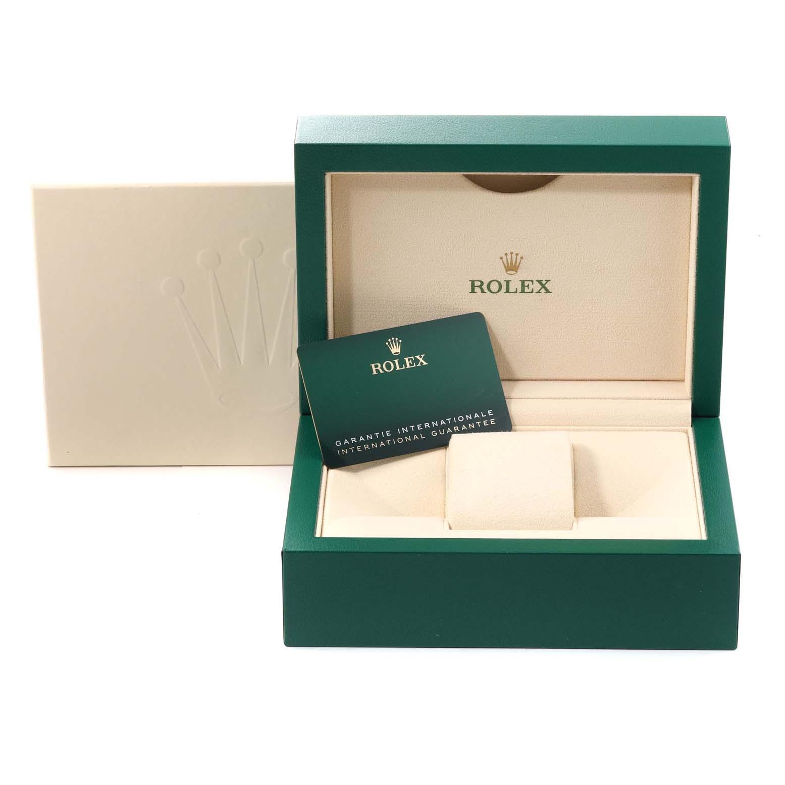 The image shows the packaging and warranty card for a Rolex Oyster Perpetual 124200 Men's Stainless Steel Silver Dial 124200 Men's Stainless Steel Silver Dial watch.