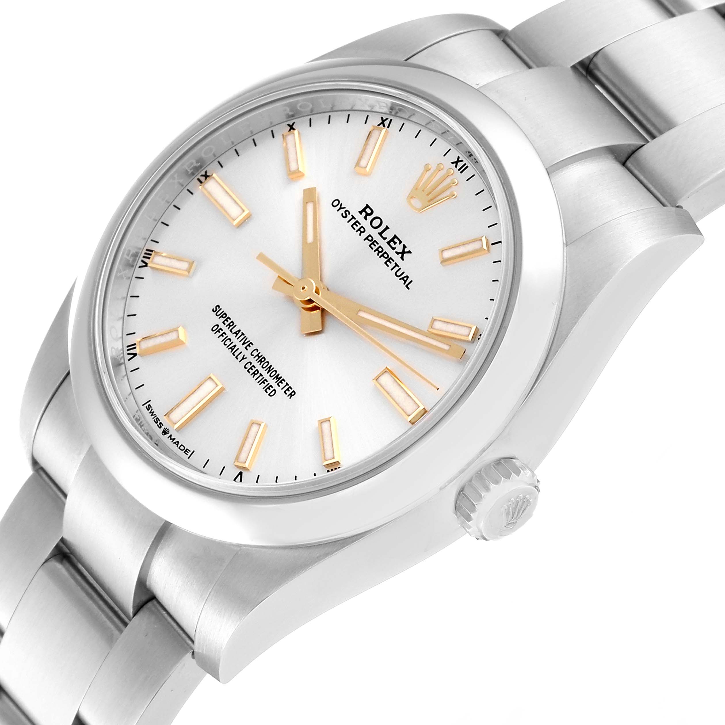 The image shows a side angle of the Rolex Oyster Perpetual 124200 Men's Stainless Steel Silver Dial 124200 Men's Stainless Steel Silver Dial watch, highlighting its face, crown, and part of the bracelet.