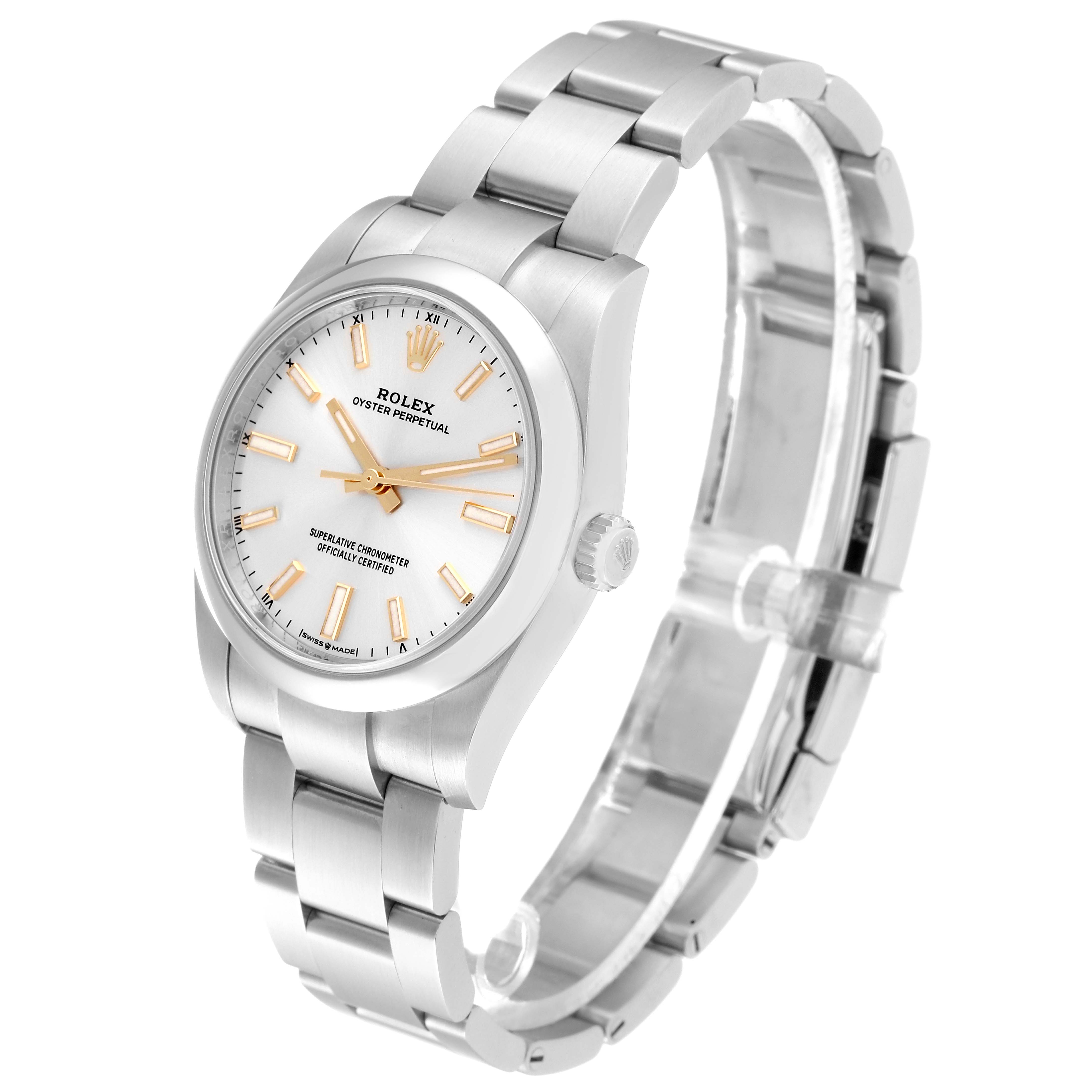 The image shows a side and front view of a Rolex Oyster Perpetual 124200 Men's Stainless Steel Silver Dial 124200 Men's Stainless Steel Silver Dial watch, featuring its face, bezel, crown, and bracelet.