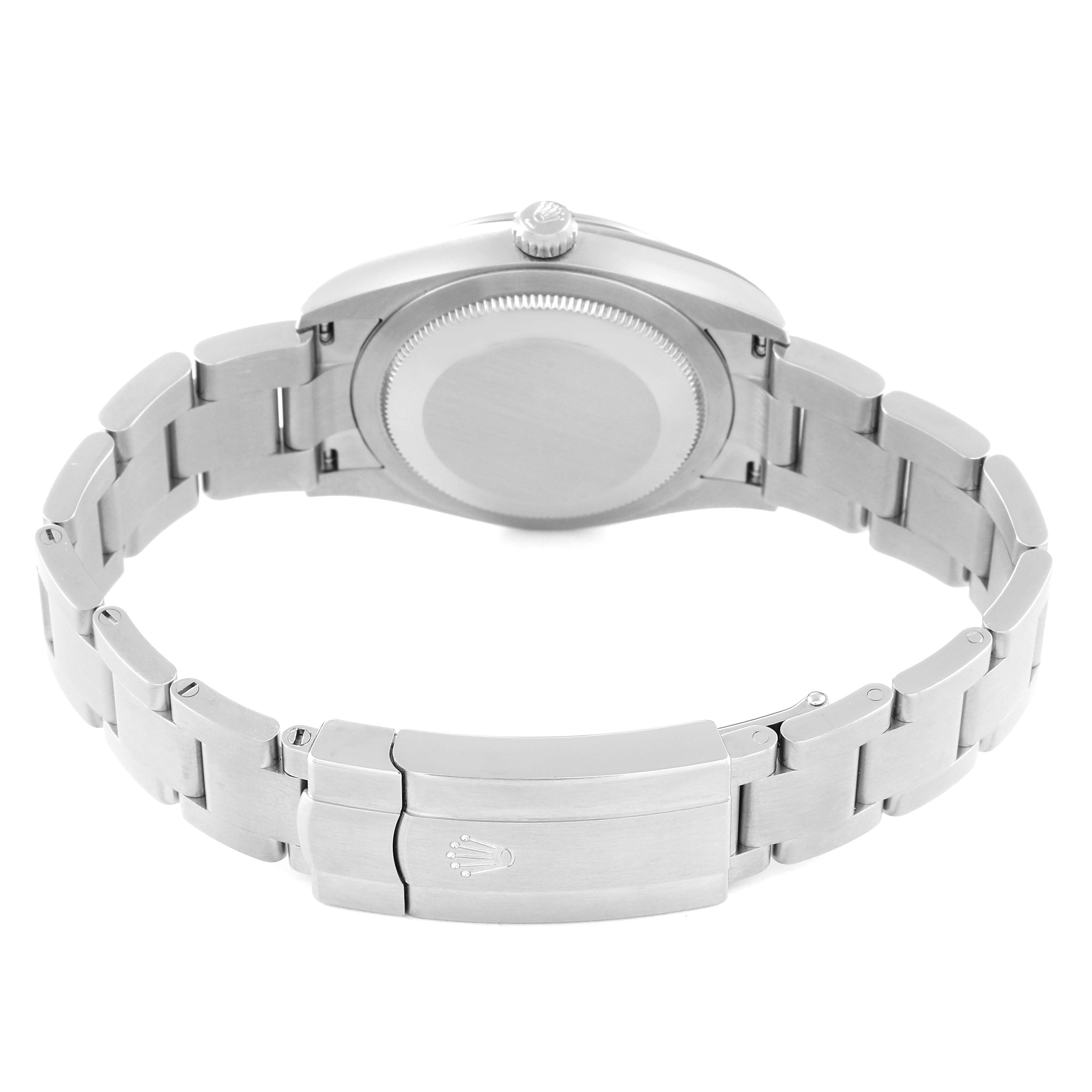 This image shows the back view of a Rolex Oyster Perpetual 124200 Men's Stainless Steel Silver Dial 124200 Men's Stainless Steel Silver Dial watch, highlighting its case back, bracelet, and clasp.