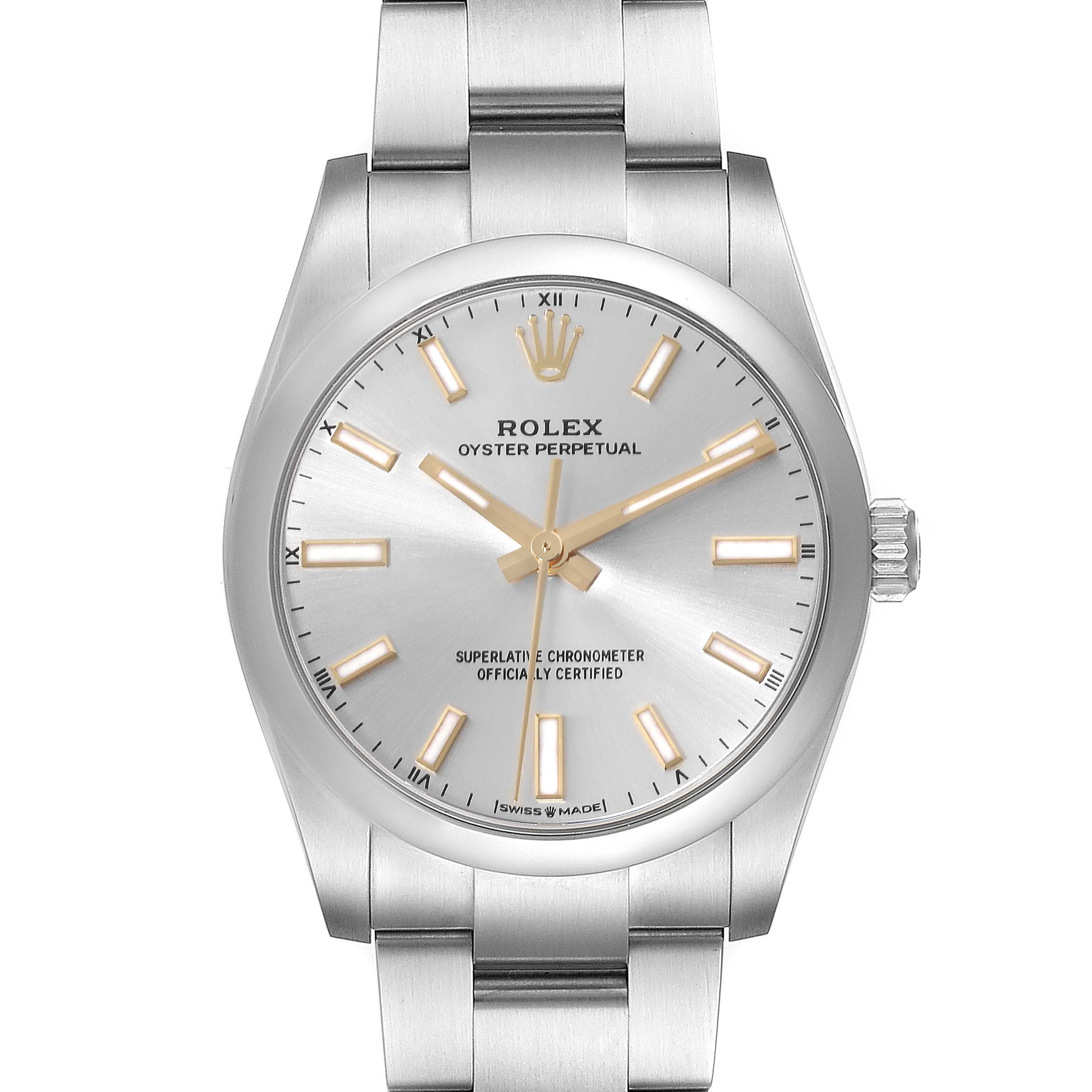 The image shows a front view of the Rolex Oyster Perpetual 124200 Men's Stainless Steel Silver Dial 124200 Men's Stainless Steel Silver Dial watch, displaying its dial, hands, and bracelet.